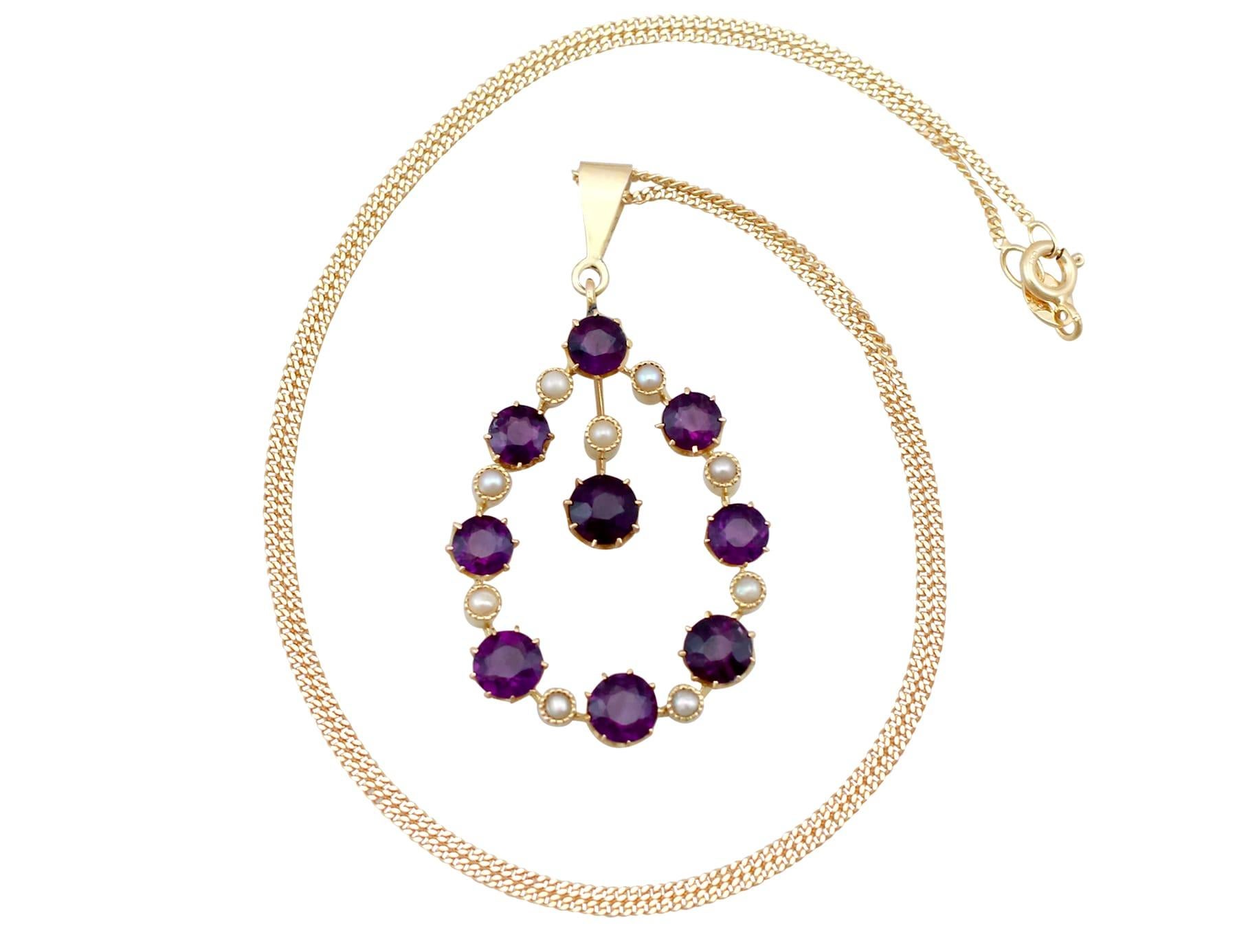 Round Cut Victorian 4.12 Carat Amethyst and Pearl Yellow Gold Pendant For Sale