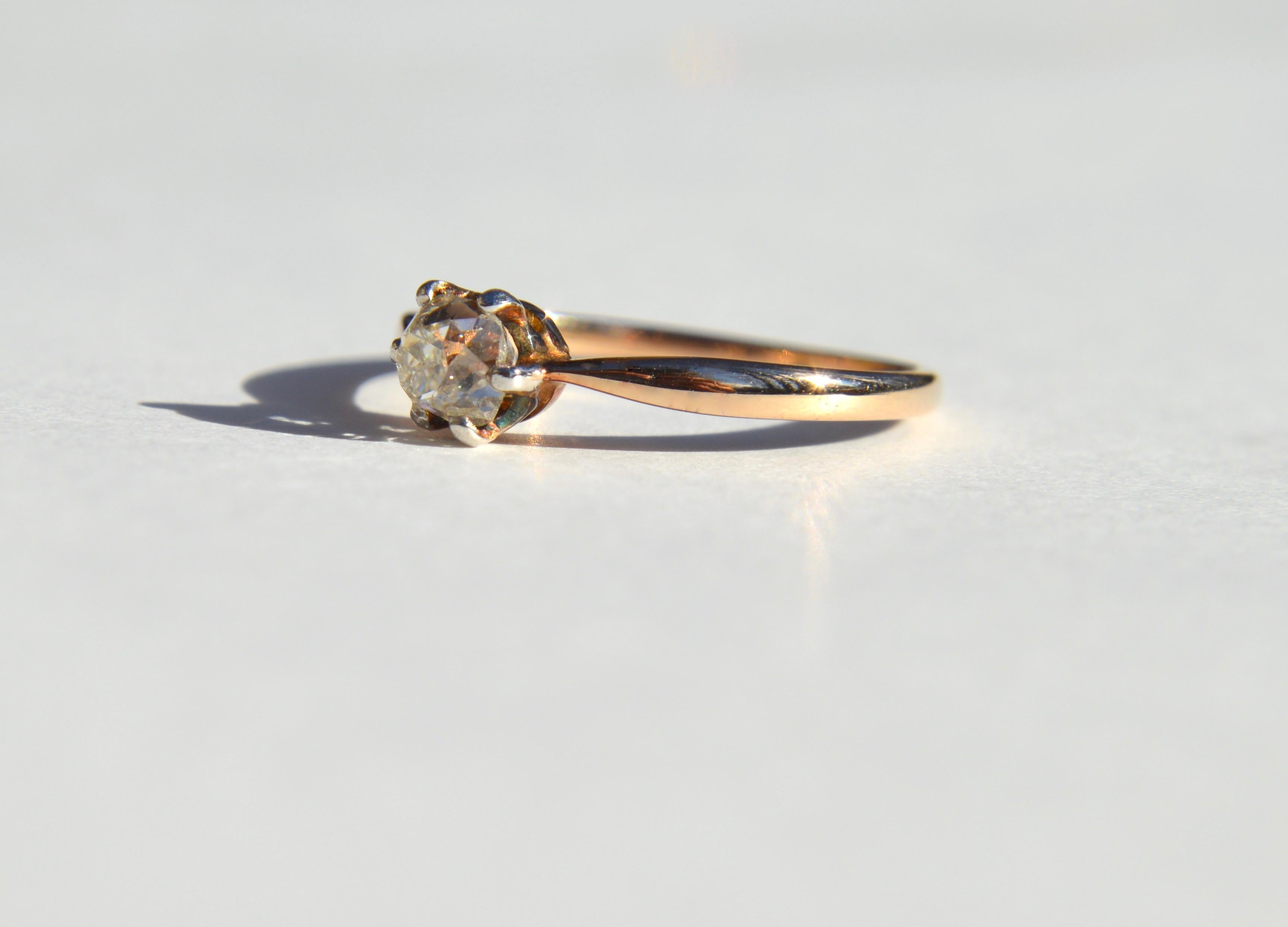 Old Mine Cut Antique Victorian .46 Carat Minecut Diamond 14 Karat Rose Gold Engagement Ring For Sale
