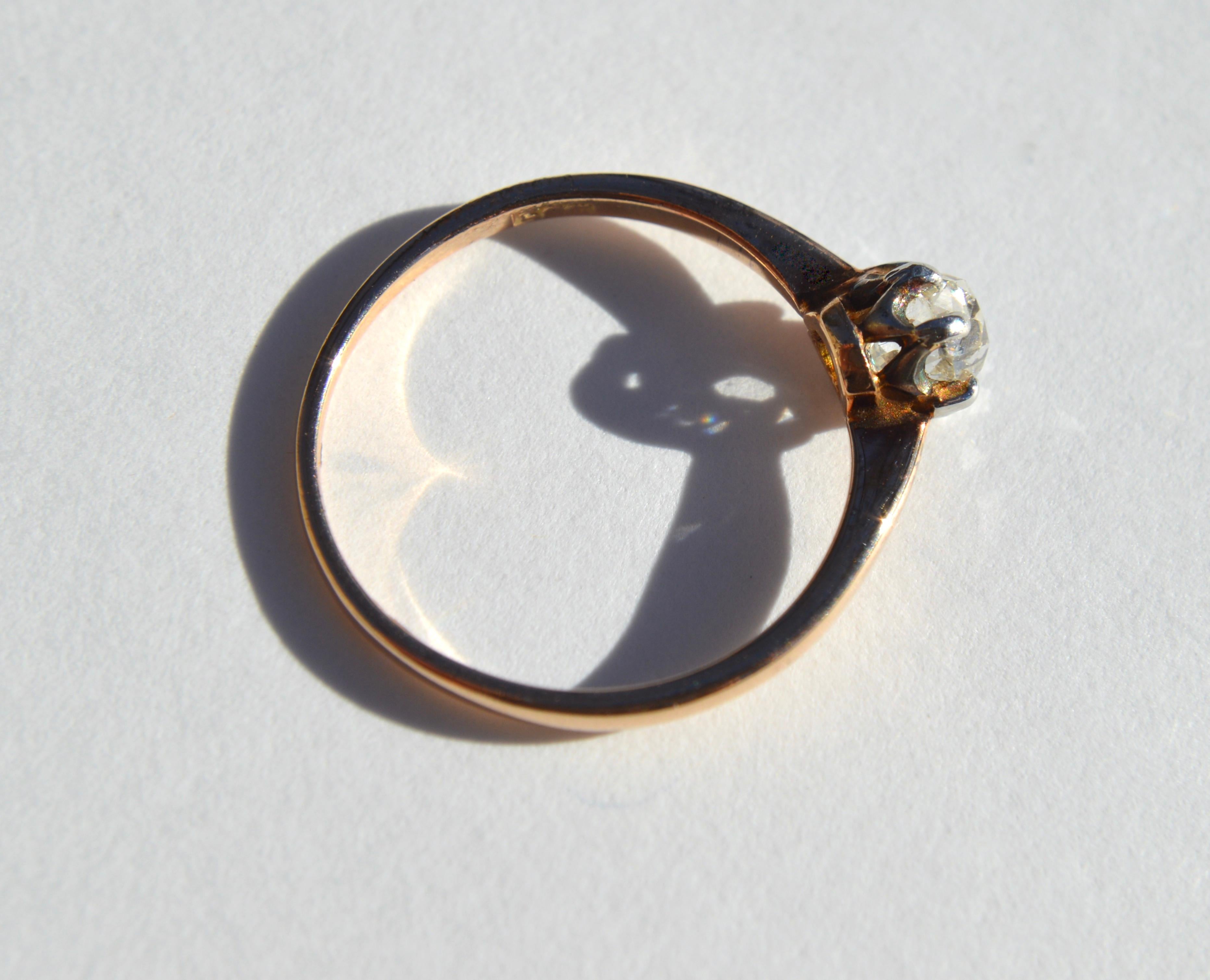 Antique Victorian .46 Carat Minecut Diamond 14 Karat Rose Gold Engagement Ring For Sale 1