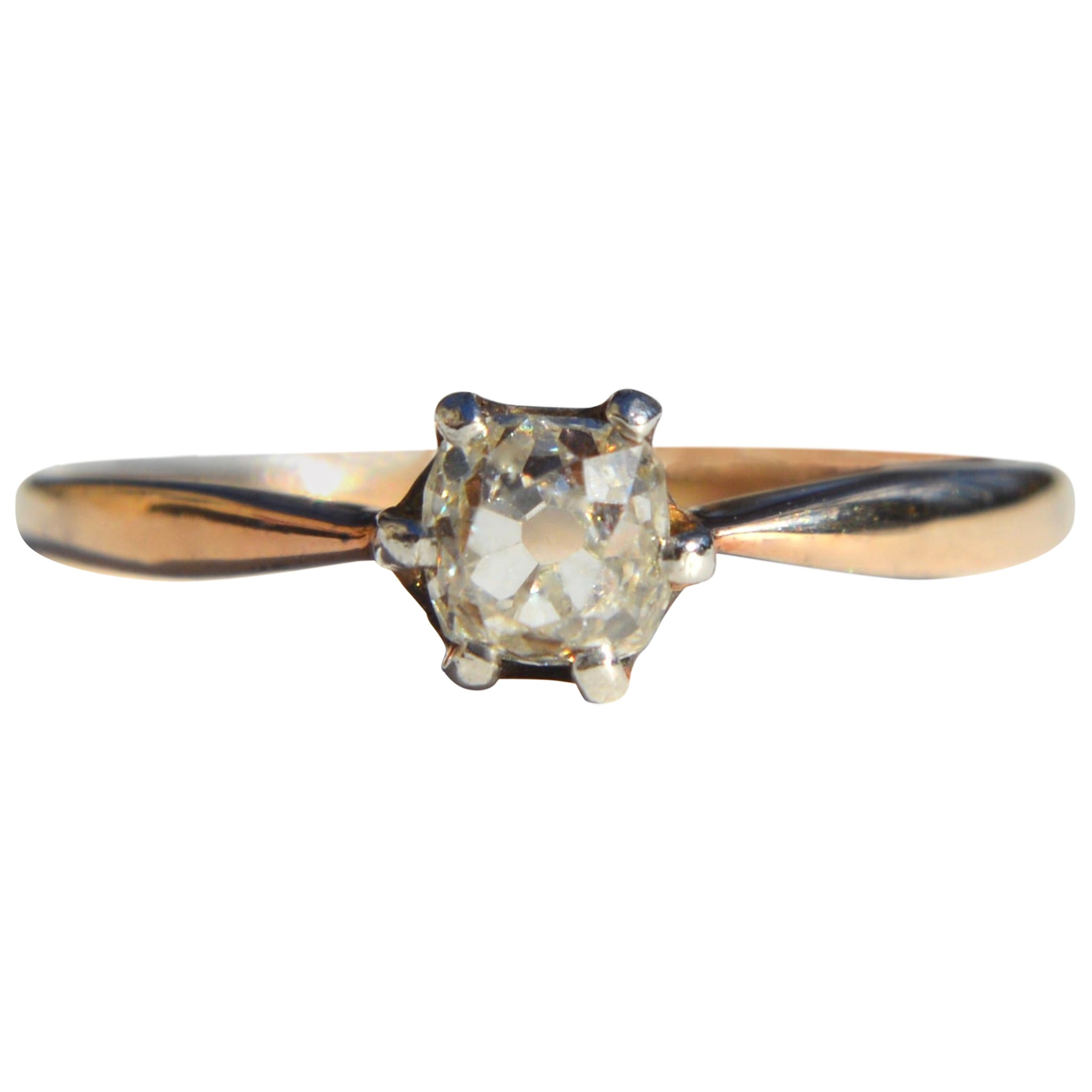 Antique Victorian .46 Carat Minecut Diamond 14 Karat Rose Gold Engagement Ring For Sale