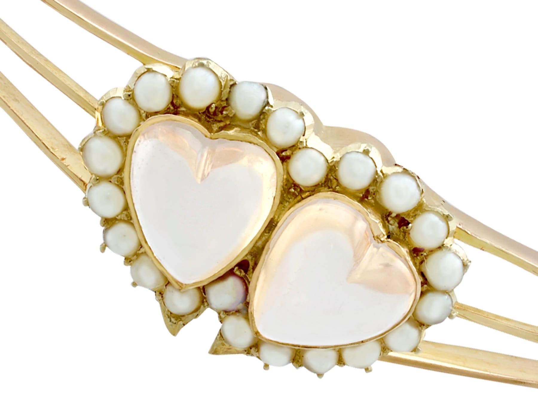 Heart Cut Antique Victorian 4.90 Carat Moonstone and Seed Pearl Rose Gold Bangle For Sale