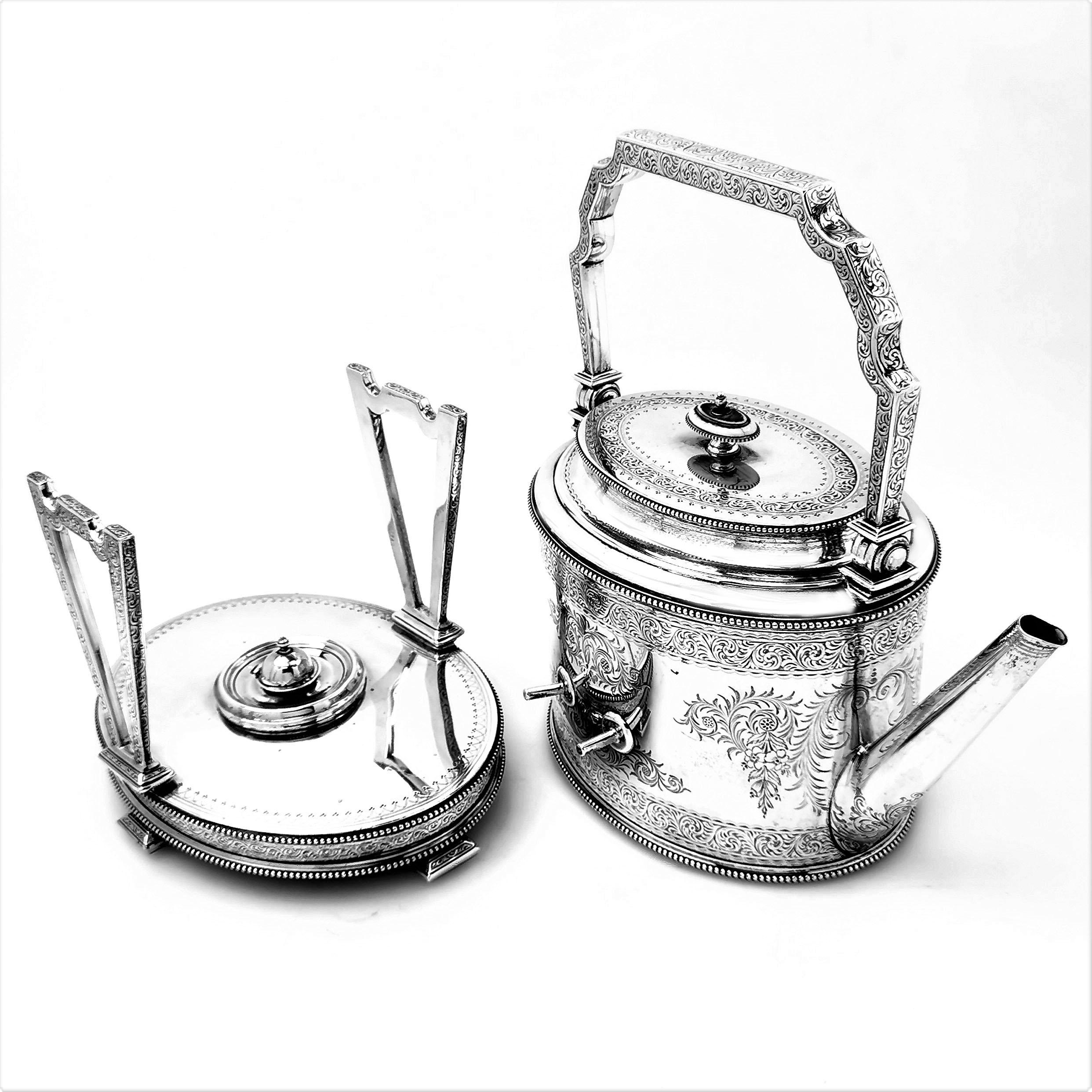 19th Century Antique Victorian 5 Piece Silver Tea and Coffee Set on Tray 1876-1885 Can Shaped