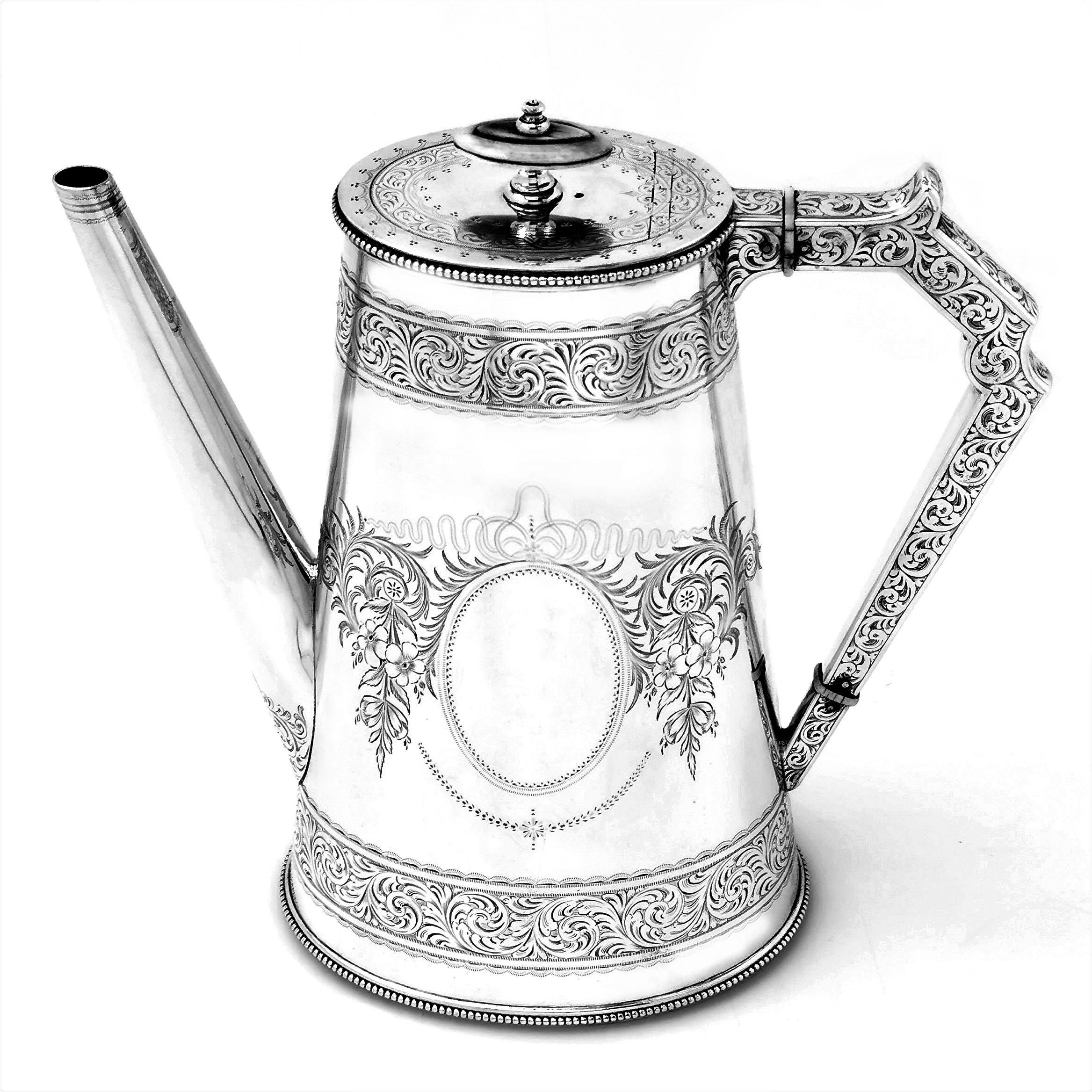 Sterling Silver Antique Victorian 5 Piece Silver Tea and Coffee Set on Tray 1876-1885 Can Shaped