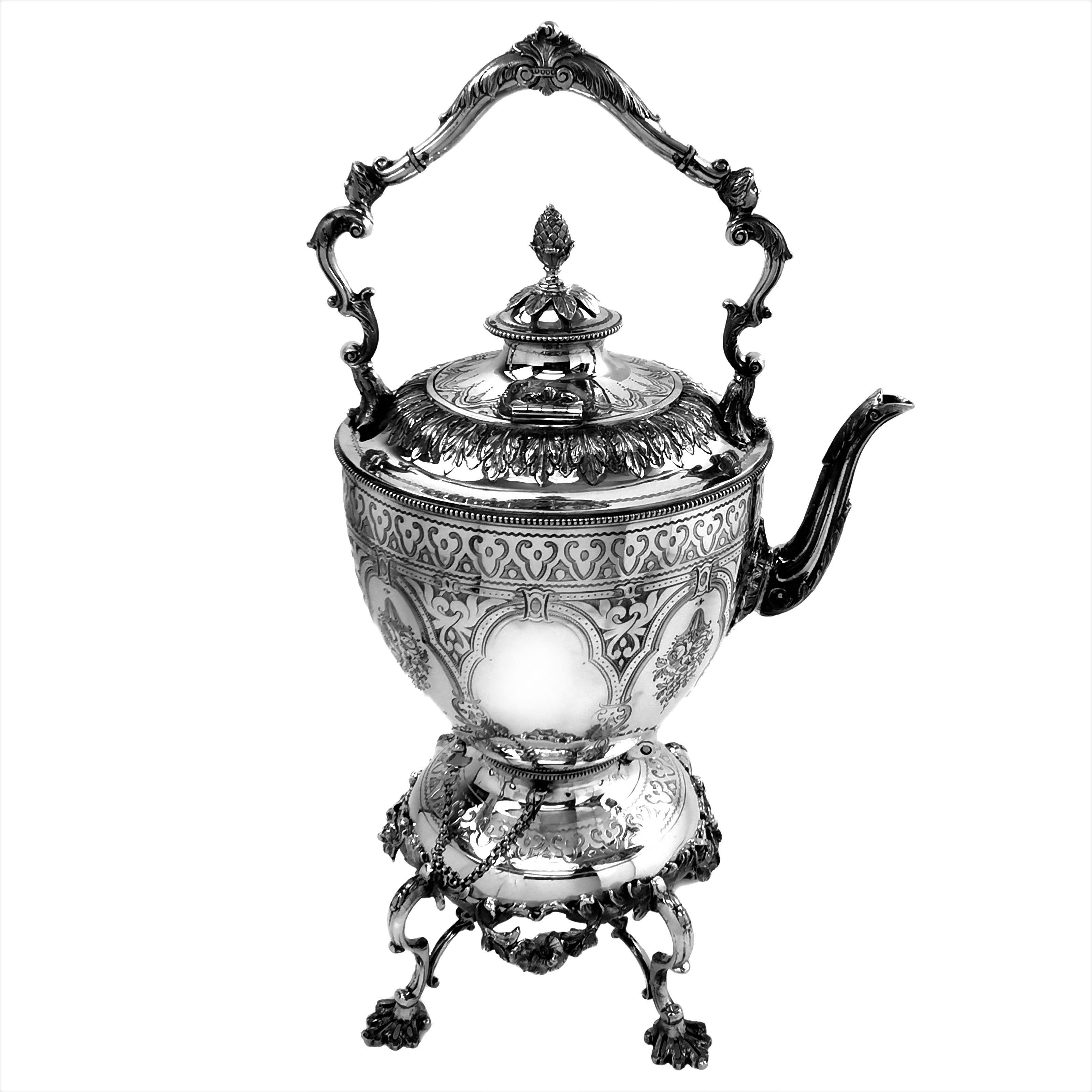 English Antique Victorian 5 Piece Silver Tea and Coffee Set with Kettle, 1881 / 82 For Sale