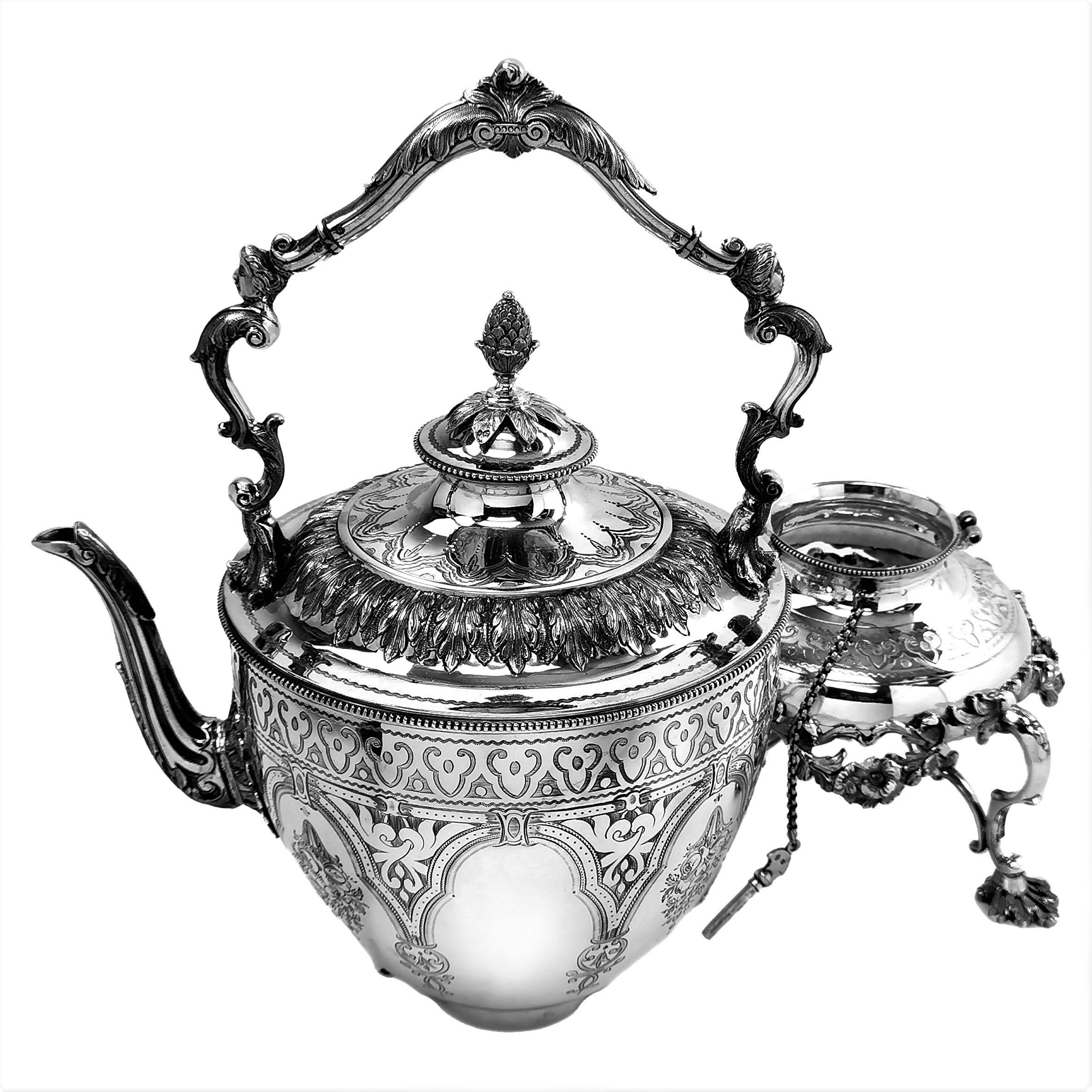 Sterling Silver Antique Victorian 5 Piece Silver Tea and Coffee Set with Kettle, 1881 / 82 For Sale