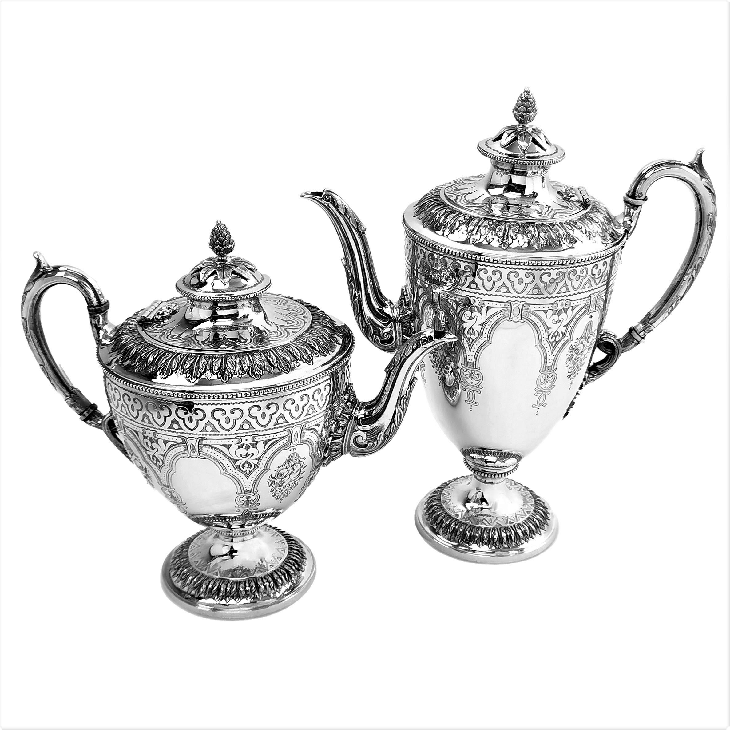 Antique Victorian 5 Piece Silver Tea and Coffee Set with Kettle, 1881 / 82 For Sale 1