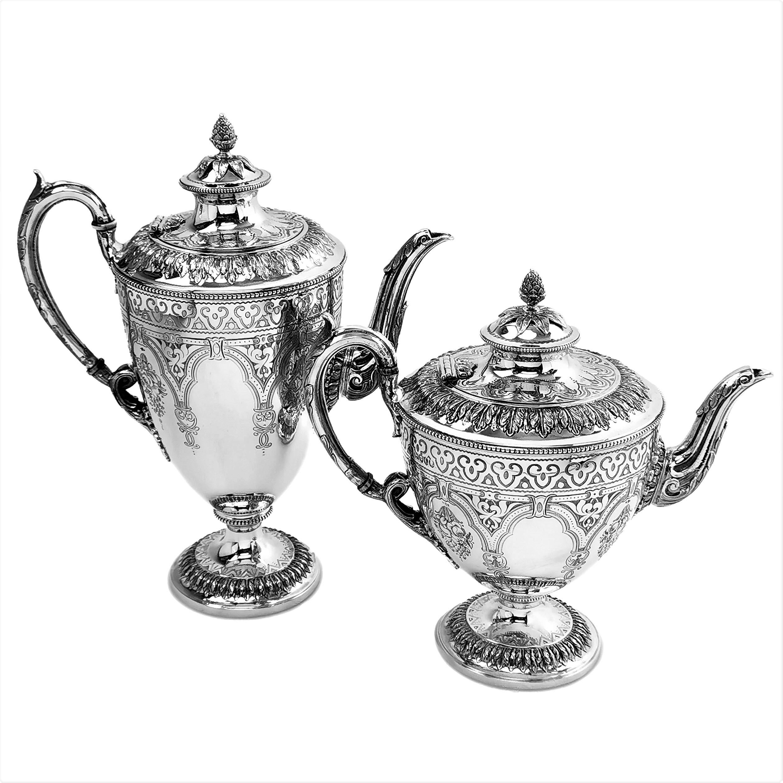 Antique Victorian 5 Piece Silver Tea and Coffee Set with Kettle, 1881 / 82 For Sale 3