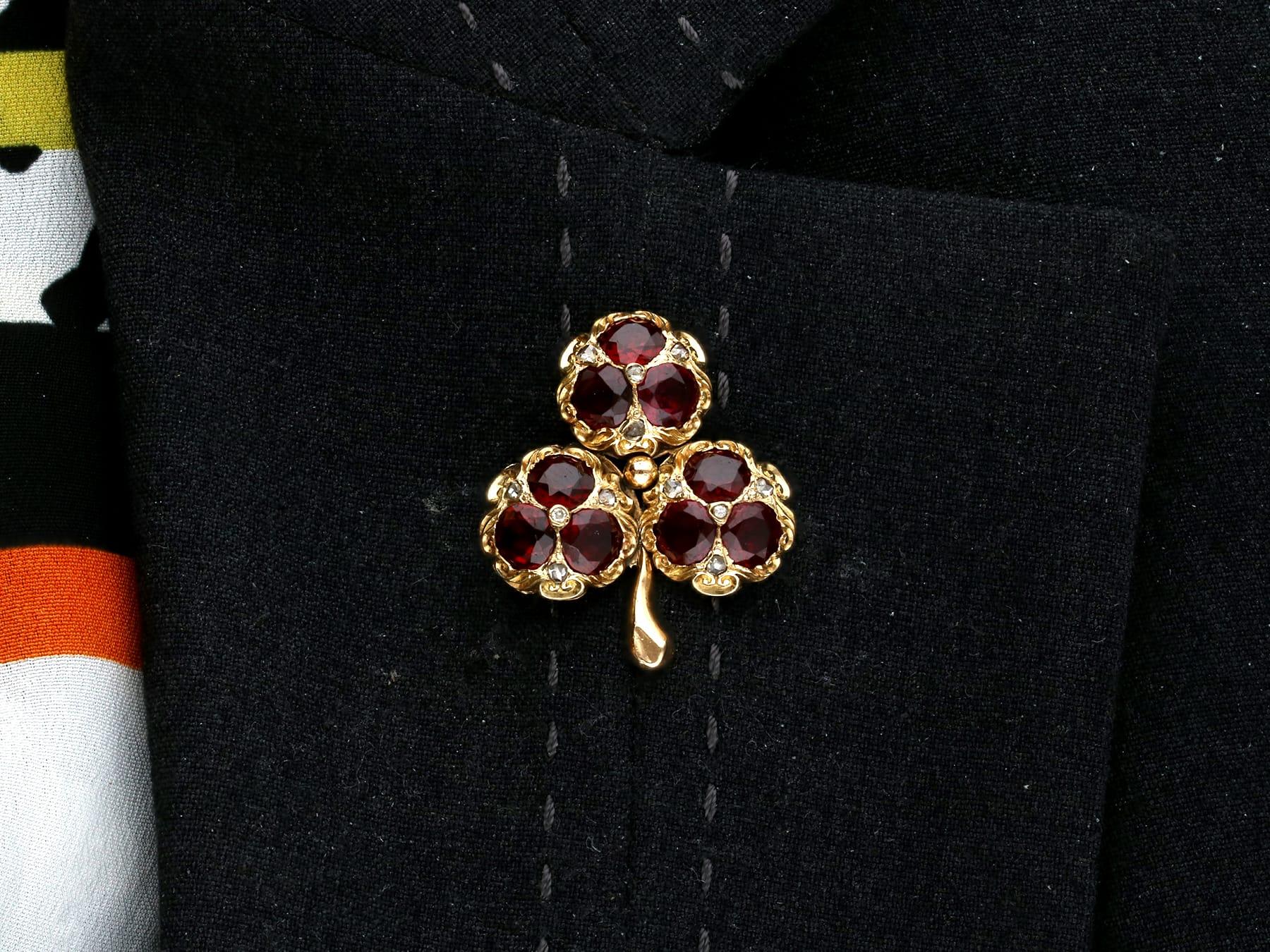 Antique Victorian 5.20 Carat Garnet Diamond and Gold Clover Brooch 1