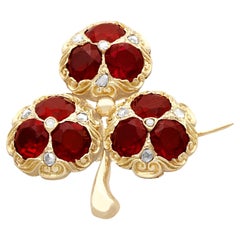 Antique Victorian 5.20 Carat Garnet Diamond and Gold Clover Brooch