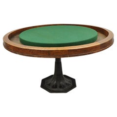 Ancienne table de jeu de poker victorienne 54" ronde en bois Oak Wood Cast Iron Pedestal Base