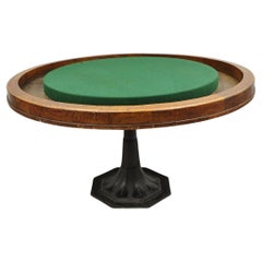 Mesa de juego de póquer antigua victoriana redonda de 54" de madera de roble y hierro fundido con base de pedestal