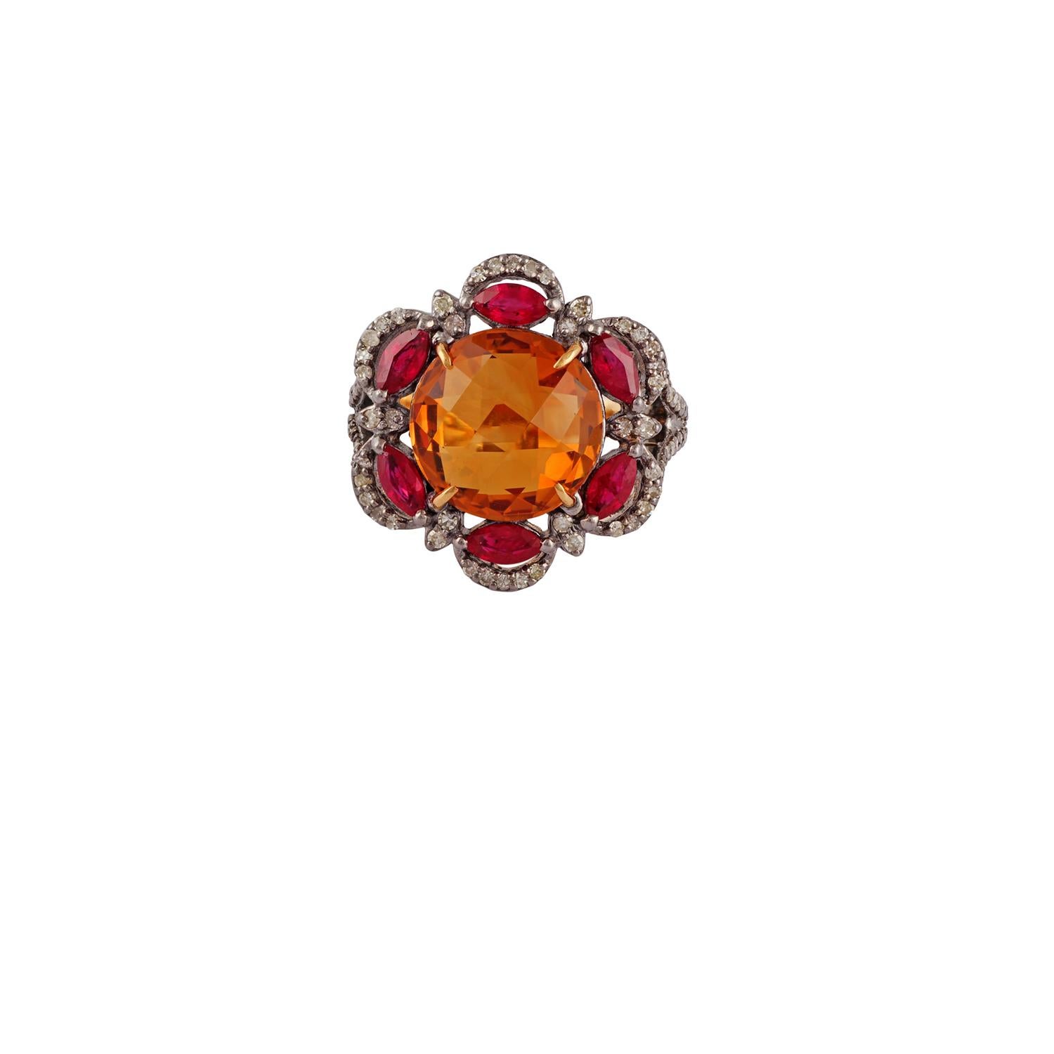 Beautiful Antique Victorian 14K Yellow Gold & silver Citrine, Ruby &  Diamond Cocktail Ring. This incredible cocktail ring is crafted in 14k yellow gold & silver . The center holds a natural vibrant Citrine with an incredible play of color pattern.