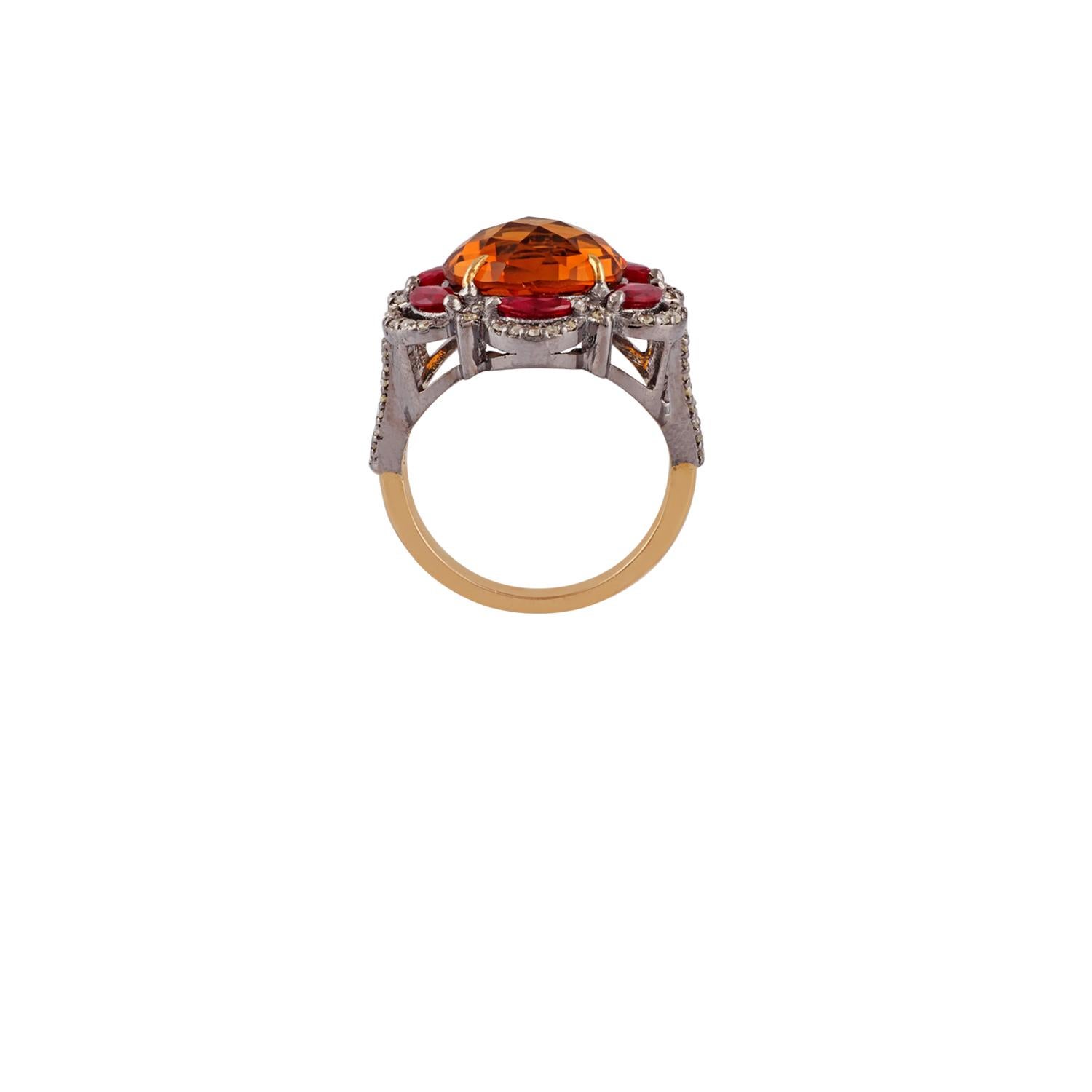 Late Victorian Antique Victorian 5.51 Carat Citrine, Ruby & Diamond Cocktail Ring Gold Silver For Sale