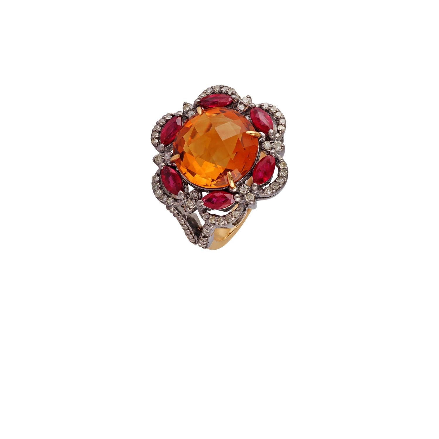 Oval Cut Antique Victorian 5.51 Carat Citrine, Ruby & Diamond Cocktail Ring Gold Silver For Sale