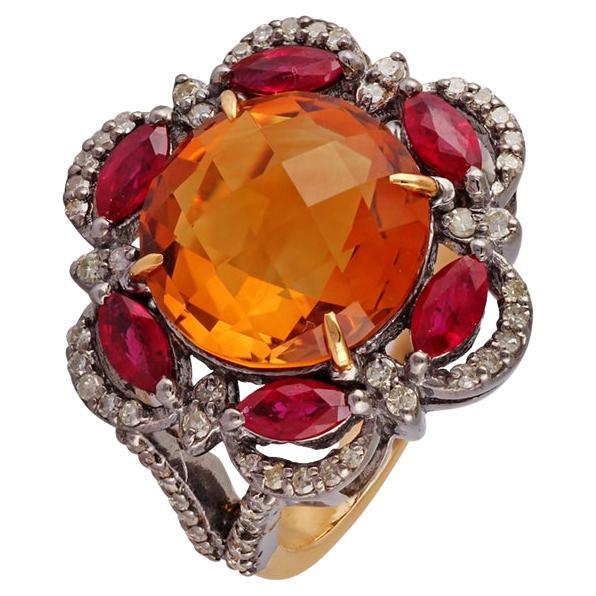 Antique Victorian 5.51 Carat Citrine, Ruby & Diamond Cocktail Ring Gold Silver For Sale