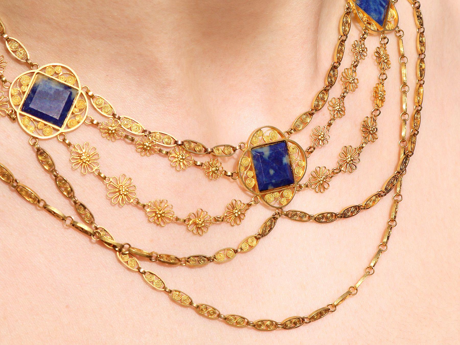 Antique Victorian 5.55 Carat Lapis Lazuli Yellow Gold Necklace For Sale 3