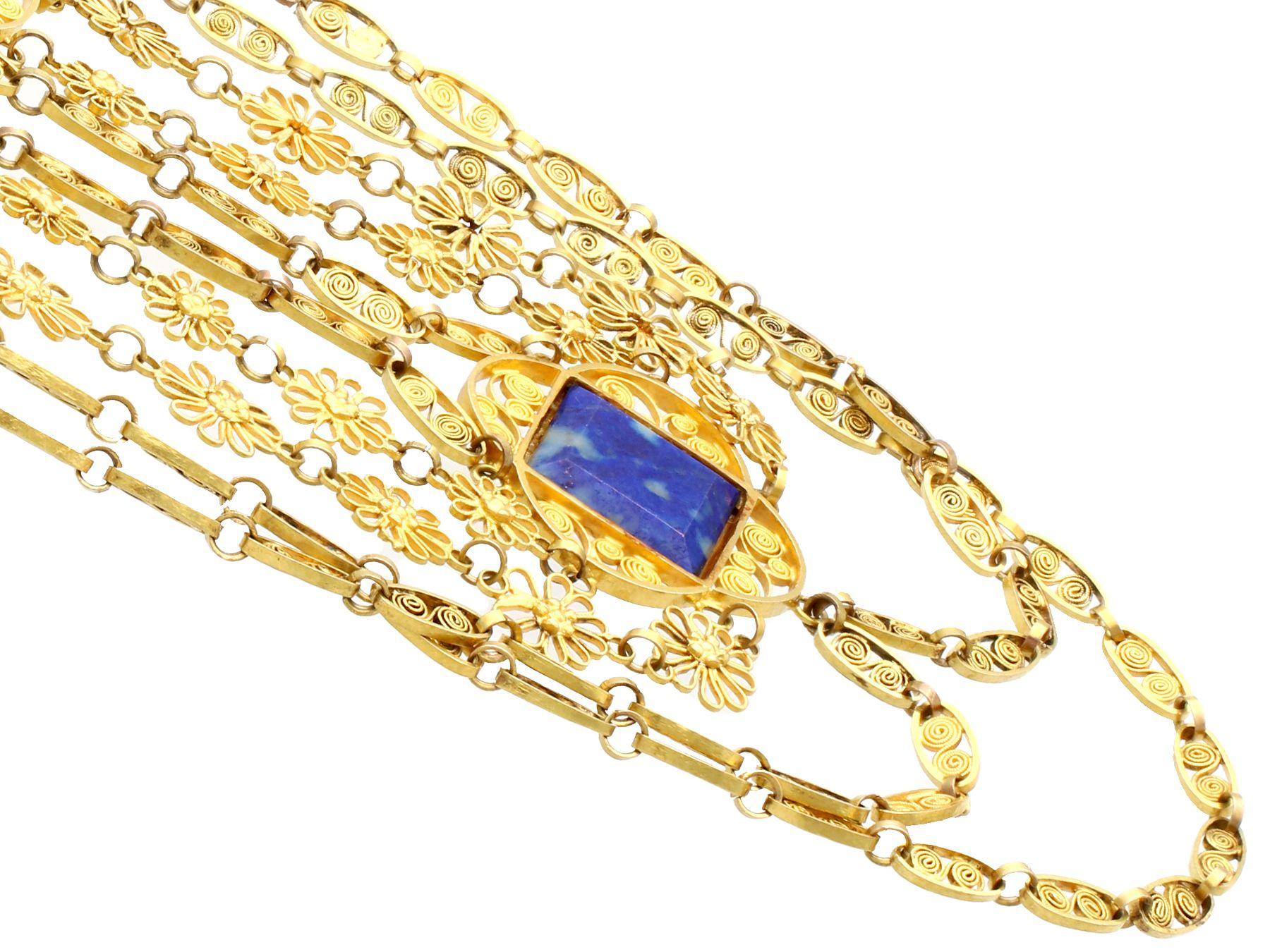 Square Cut Antique Victorian 5.55 Carat Lapis Lazuli Yellow Gold Necklace For Sale