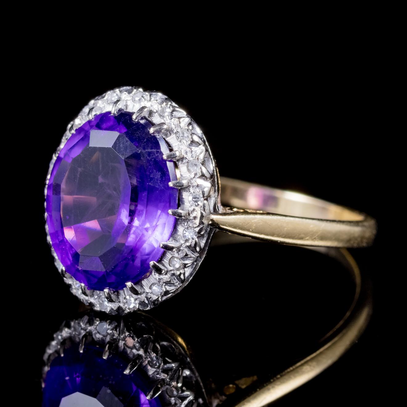 A spectacular antique Victorian ring C. 1900, adorned with a fabulous Amethyst stone which is approx. 5ct in size and haloed by old brilliant cut Diamonds. 

Amethyst has been highly esteemed throughout the ages for its stunning beauty which has