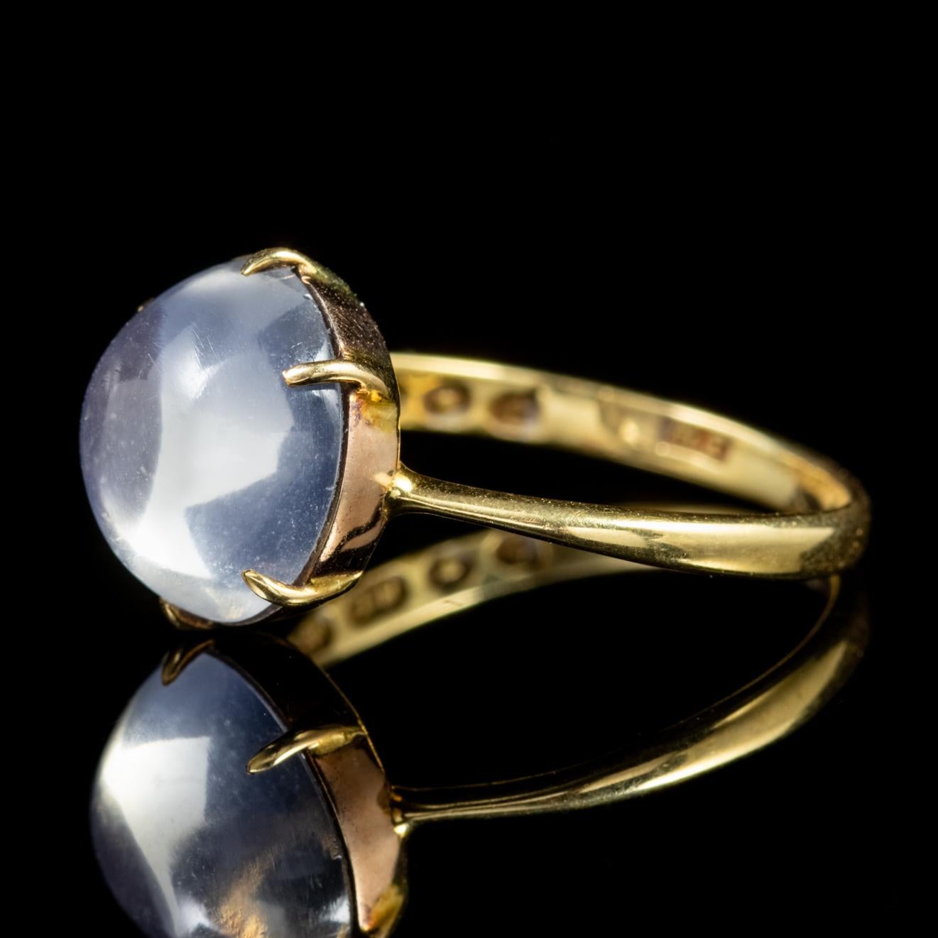 A beautiful antique Victorian ring claw set with a mystifying Moonstone which is an impressive 5ct and shimmers with a blue glow. 

The Moonstone has a lovely ghostly hue and a luminous surface similar to that of Moonlight. They are said to be a