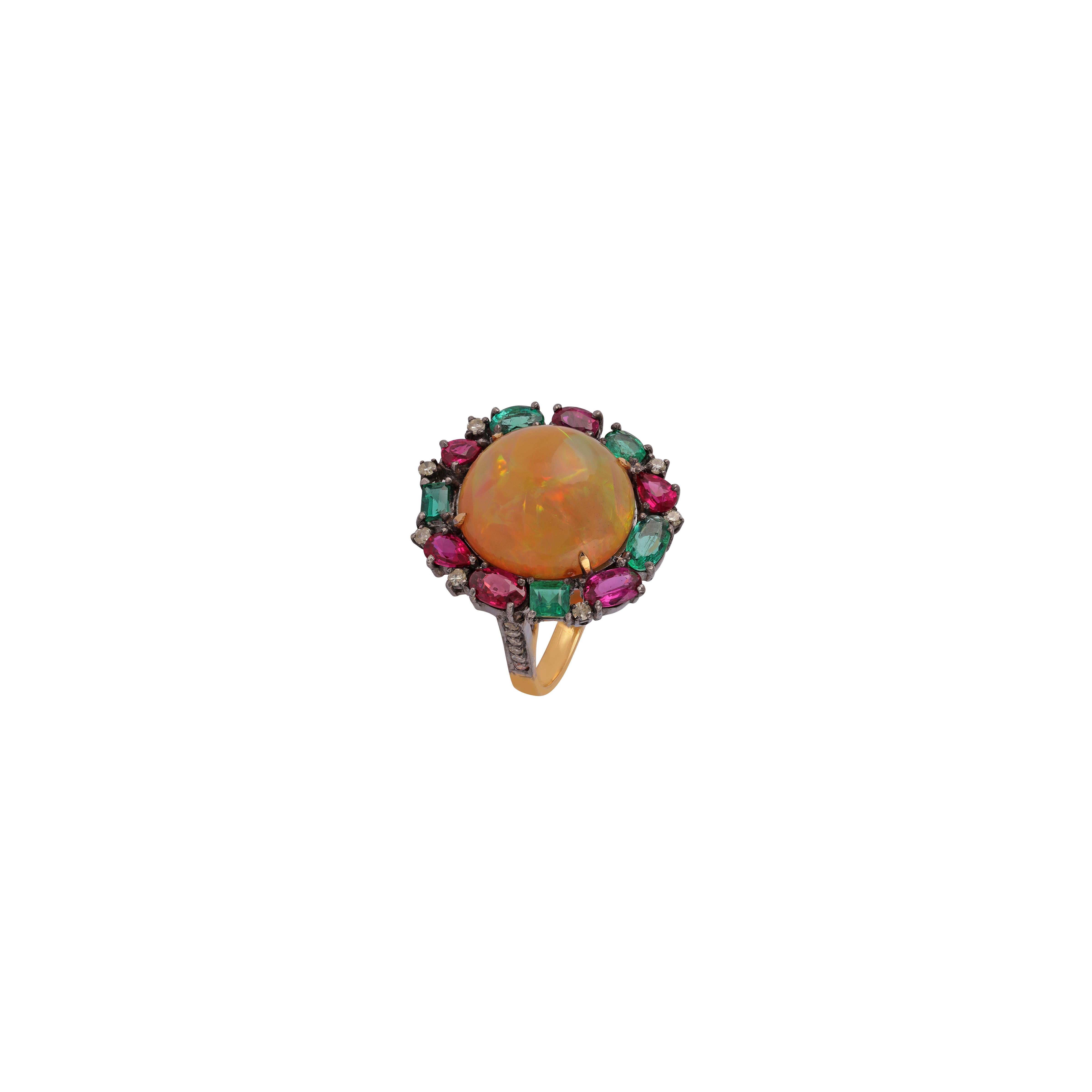 Late Victorian Antique Victorian 6.03 Carat Fire Opal, Emerald, Ruby & Diamond Cocktail Ring For Sale