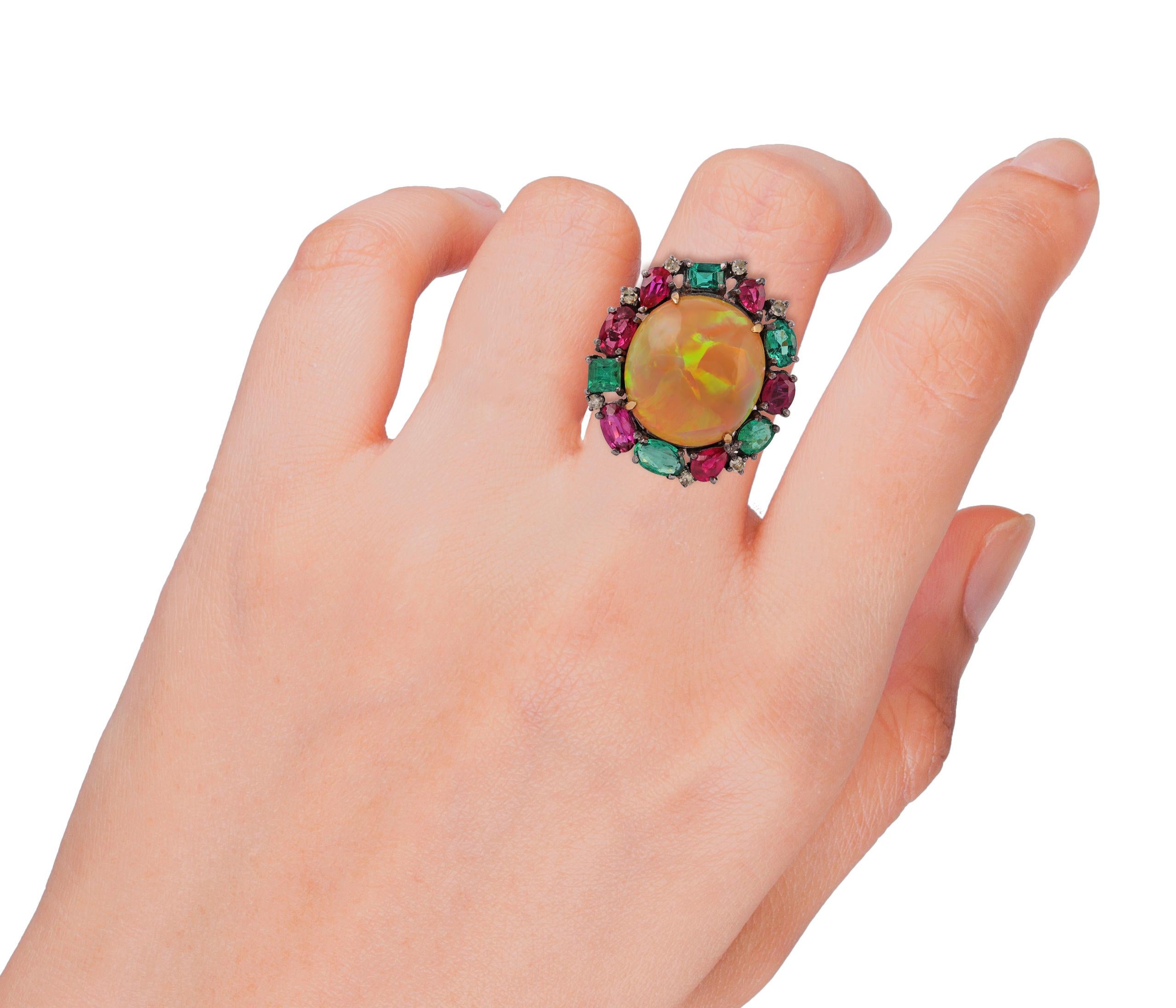 Mixed Cut Antique Victorian 6.03 Carat Fire Opal, Emerald, Ruby & Diamond Cocktail Ring For Sale