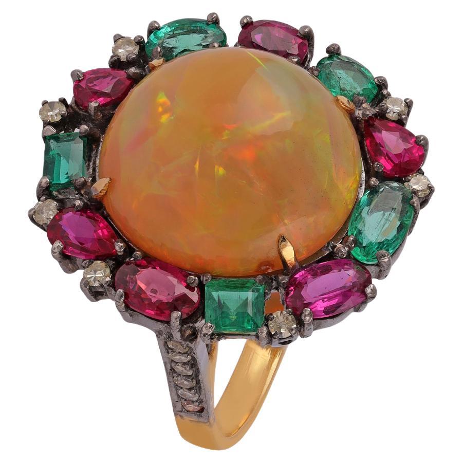 Antique Victorian 6.03 Carat Fire Opal, Emerald, Ruby & Diamond Cocktail Ring