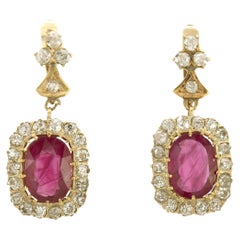 Antiquités Victoriennes 6.19 Carat Ruby & Diamond Halo Drop Earrings