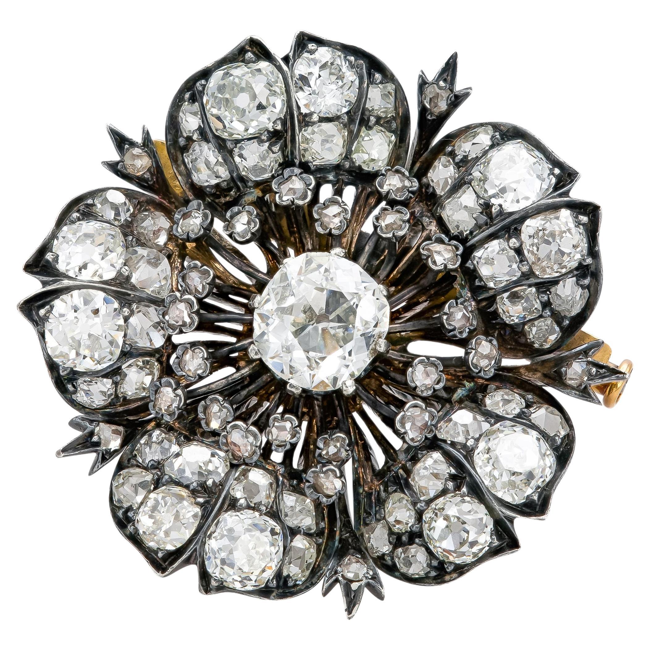 Broche fleur victorienne ancienne avec diamants de 6,60 carats