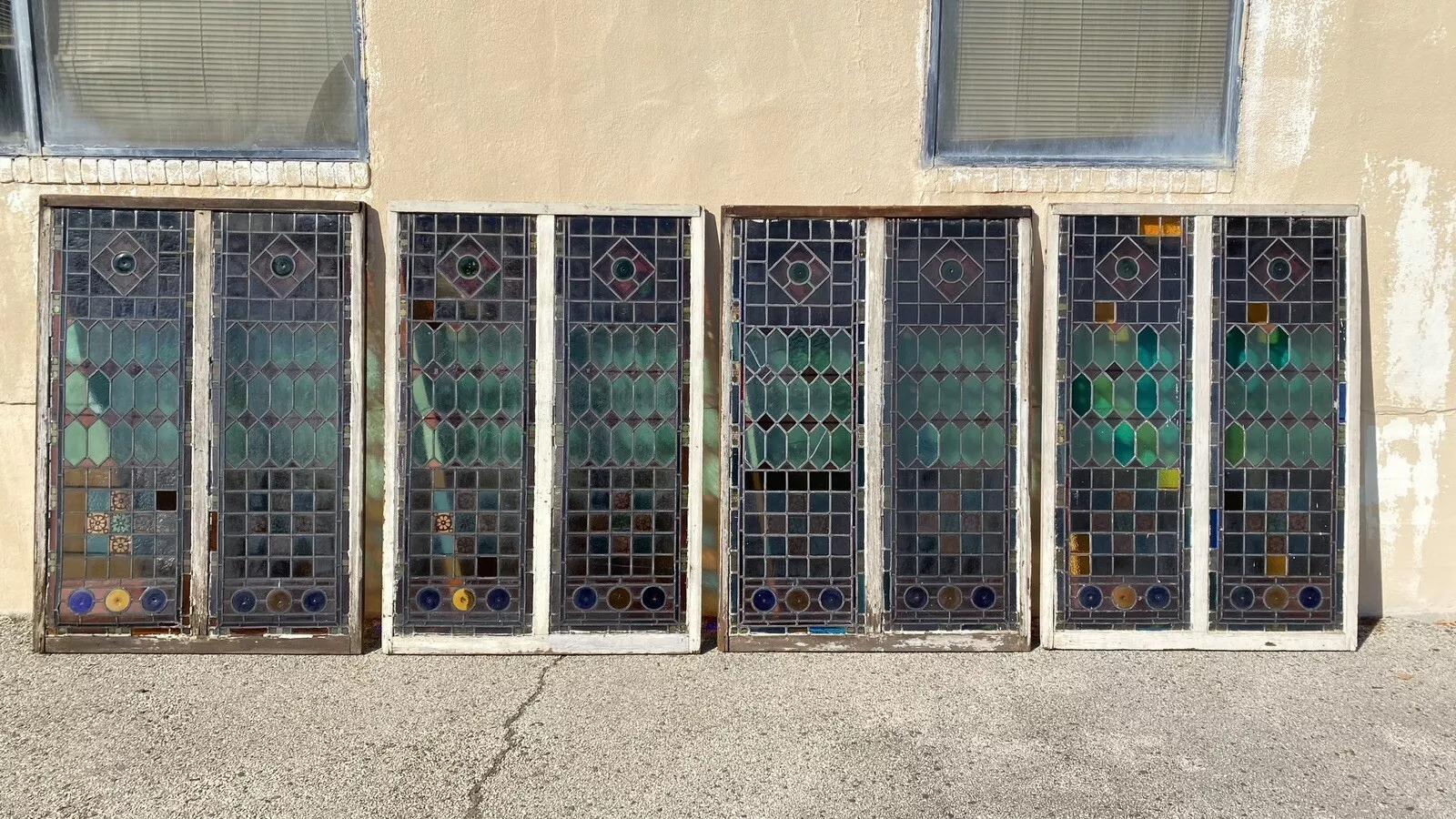 Antiquité Victorienne 70 x 48 Double Vitrail Rose Bleu Vert Jewellled en vente 5