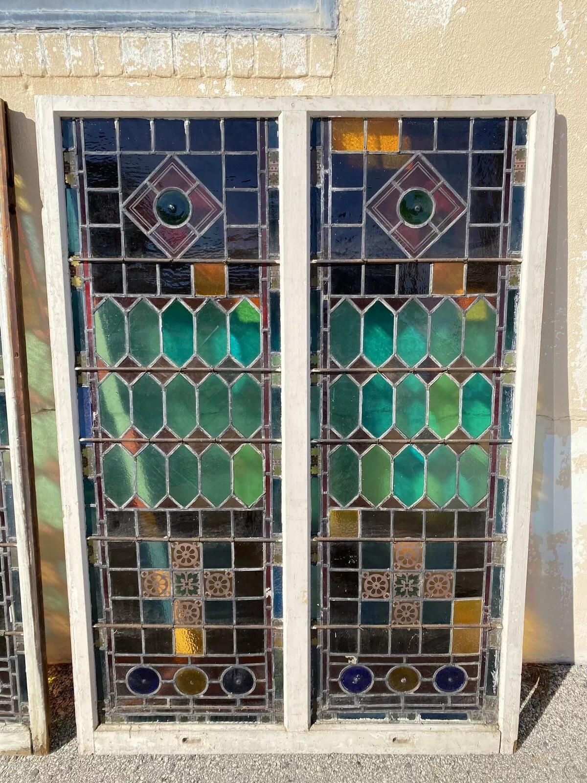 Antiquité Victorienne 70 x 48 Double Vitrail Rose Bleu Vert Jewellled en vente 10