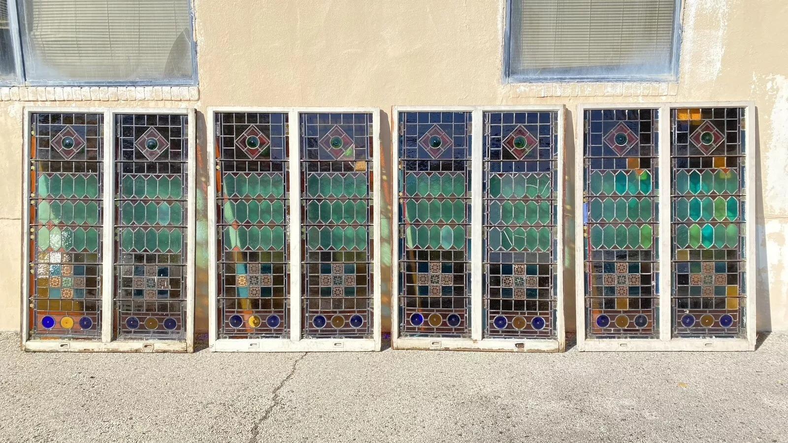 Inconnu Antiquité Victorienne 70 x 48 Double Vitrail Rose Bleu Vert Jewellled en vente