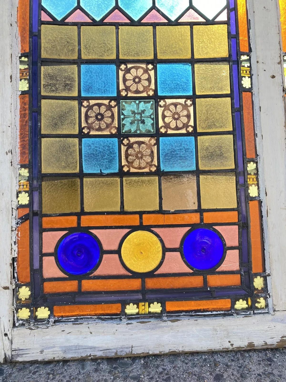 Verre Antiquité Victorienne 70 x 48 Double Vitrail Rose Bleu Vert Jewellled en vente