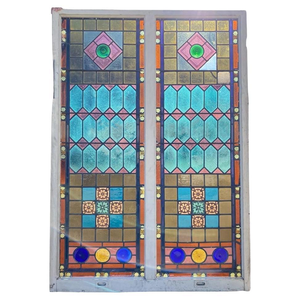 Antiquité Victorienne 70 x 48 Double Vitrail Rose Bleu Vert Jewellled en vente