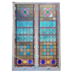 Antiquité Victorienne 70 x 48 Double Vitrail Rose Bleu Vert Jewellled