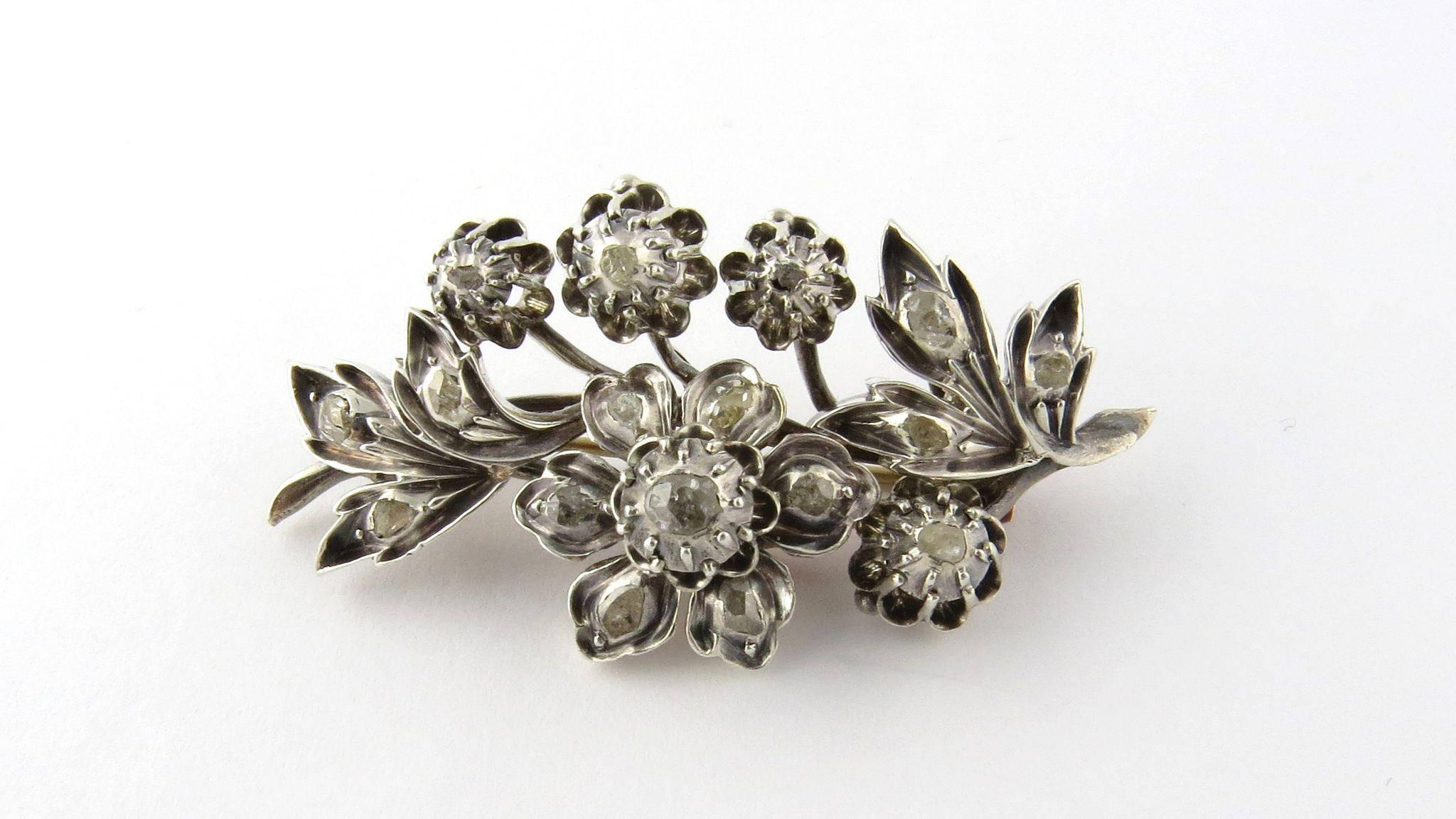 Antique Victorian 800 Silver 10K Yellow and Rose Gold Rose Cut Diamond Floral Brooch Pin 

This bouquet of rose cut diamond flowers is set in 800 Silver with Rose Gold backing and yellow gold pin. 

This beautiful piece is set with 17 rose cut