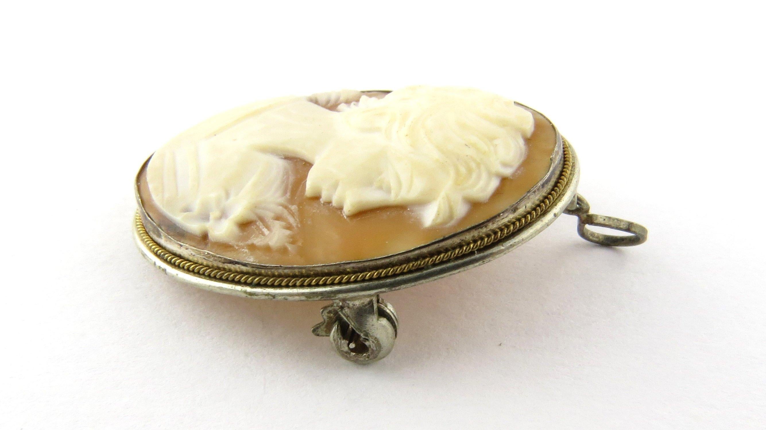 Vintage 800 Silver Cameo Brooch/Pendant- 
This classic cameo features a lovely lady in profile framed in meticulously detailed sterling silver. Can be worn as a brooch or a pendant. 
Size: 32 mm x 25 mm 
Weight: 1.5 dwt. / 2.4 gr. 
Stamped: 800