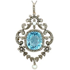 Antique Victorian 8.04 Carat Aquamarine and Diamond Yellow Gold Pendant/Brooch