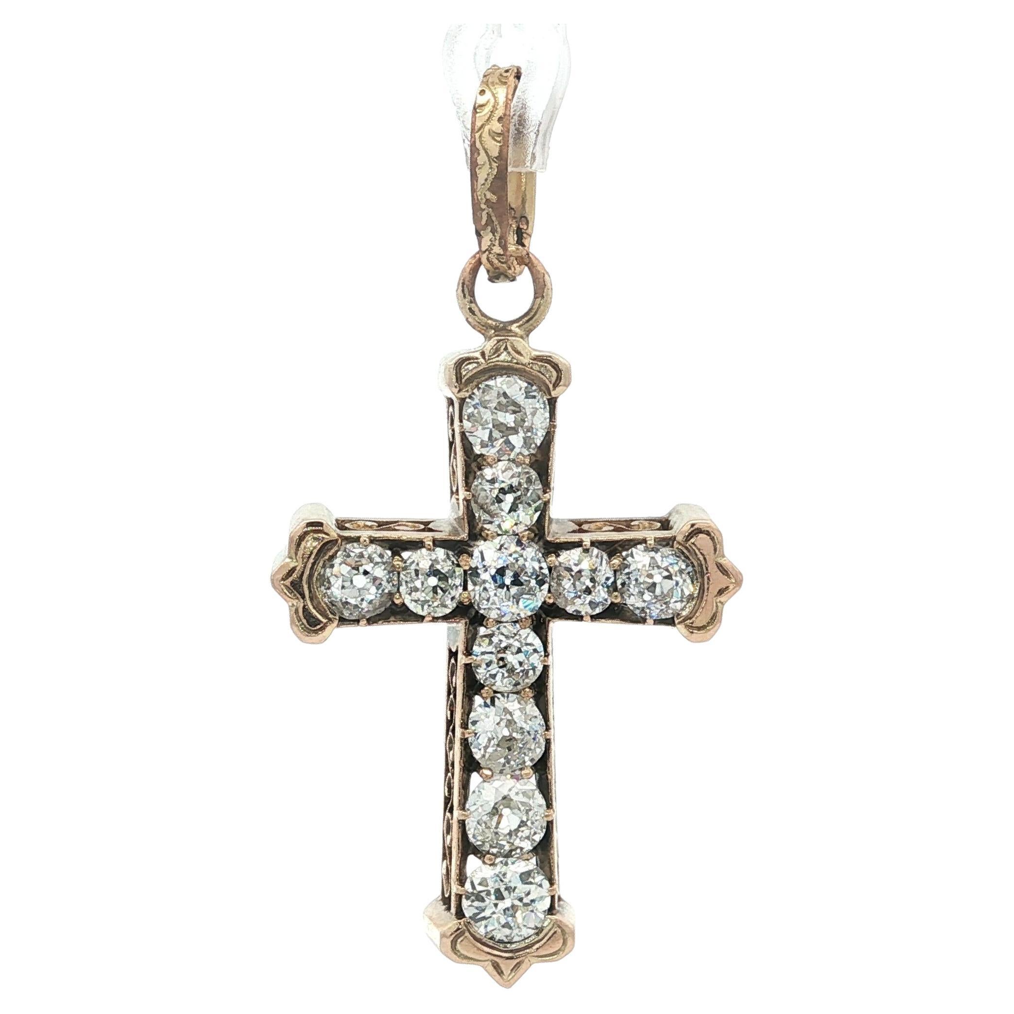 Pendentif croix en or 8k 3.65ct Old European Mine Cut Diamond Antique Victorien