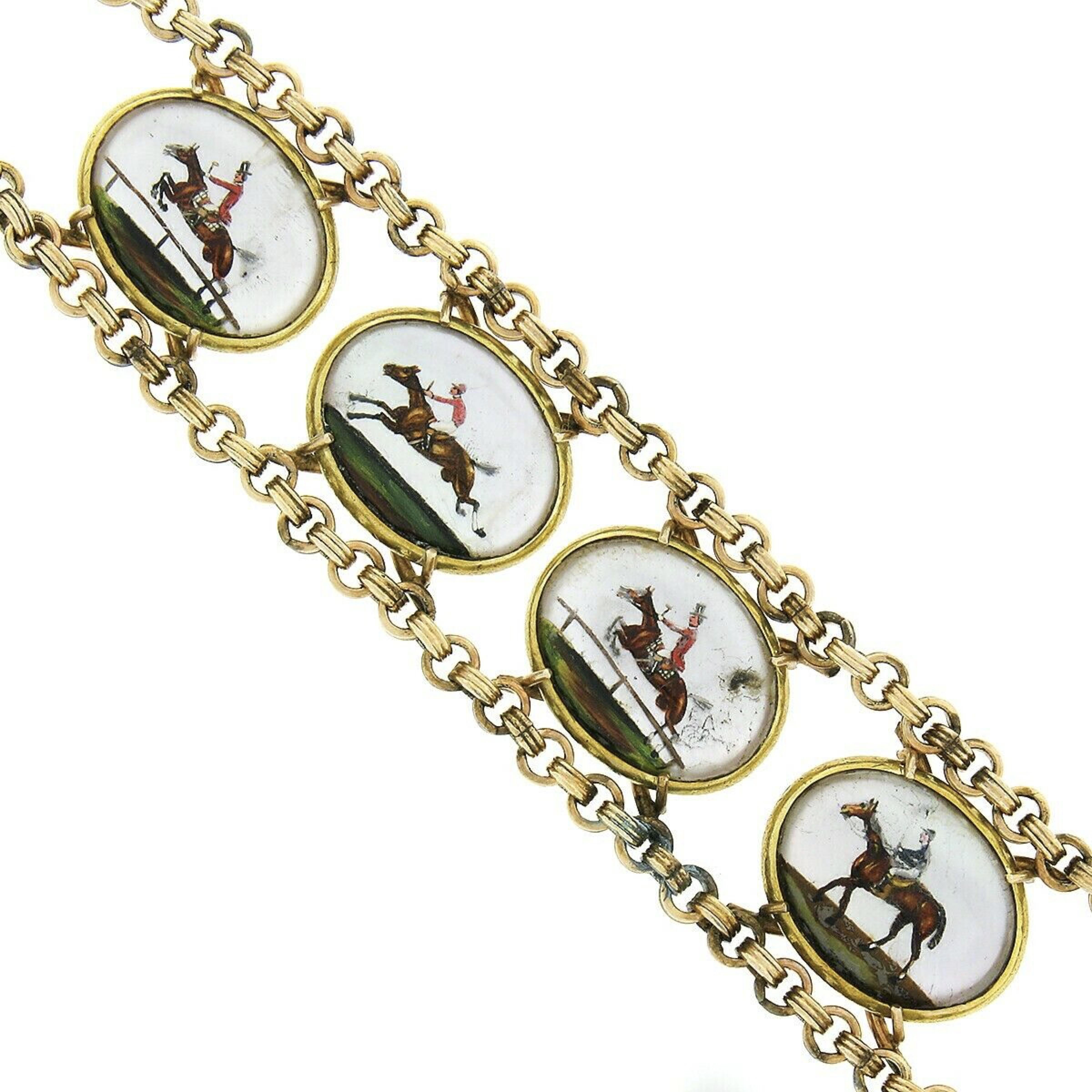 Antique Victorian 8k Gold Jumping Horse Reverse Painted Intaglio Chain Bracelet In Good Condition In Montclair, NJ
