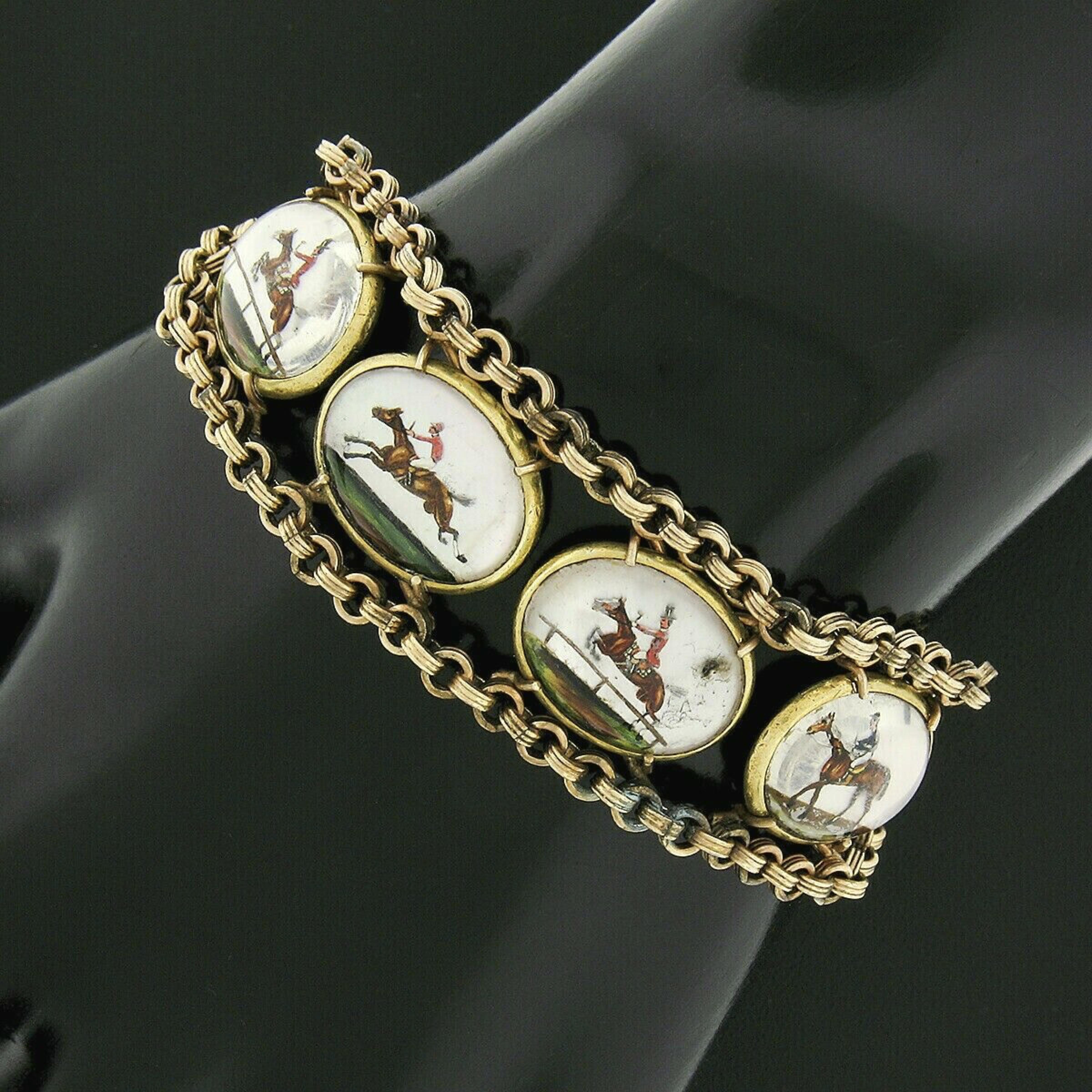 Antique Victorian 8k Gold Jumping Horse Reverse Painted Intaglio Chain Bracelet 2