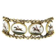 Antique Victorian 8k Gold Jumping Horse Reverse Painted Intaglio Chain Bracelet