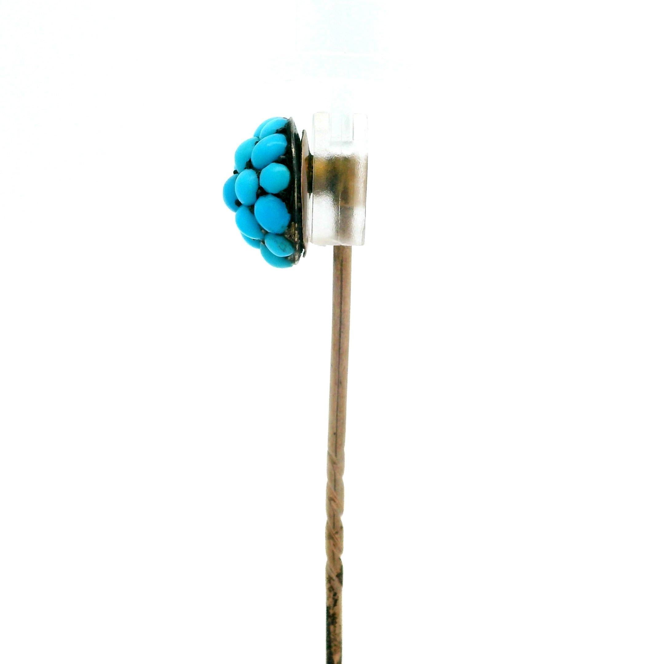 Round Cut Antique Victorian 8k Rosy Yellow Gold Natural Turquoise Cluster Dome Stick Pin For Sale