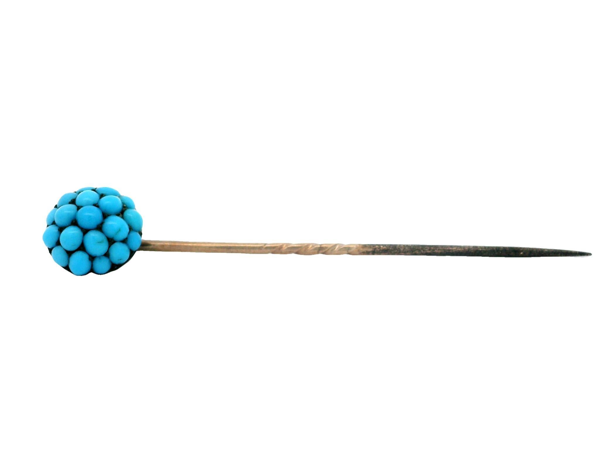 Women's or Men's Antique Victorian 8k Rosy Yellow Gold Natural Turquoise Cluster Dome Stick Pin For Sale