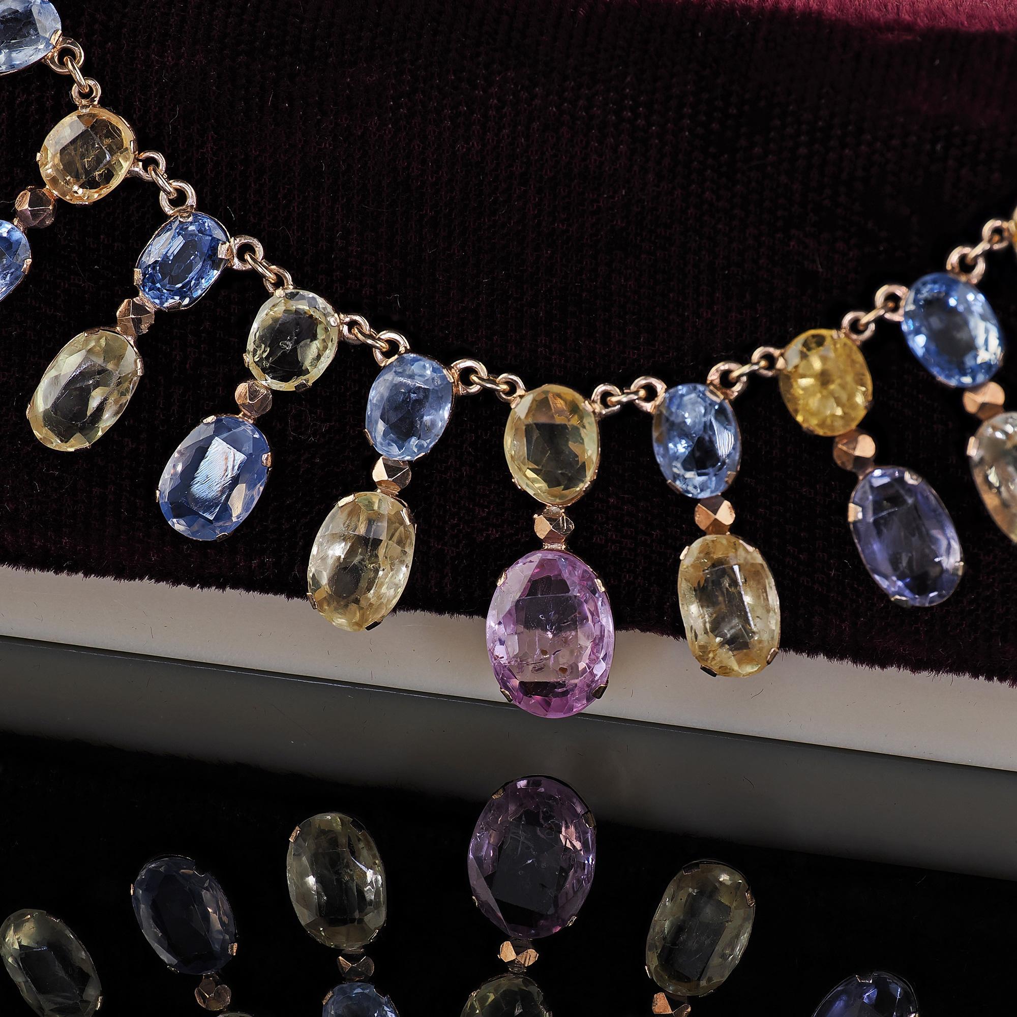 Women's Antique Victorian 8K Yellow Gold Natural Sapphire Graduated Necklace - GIA For Sale