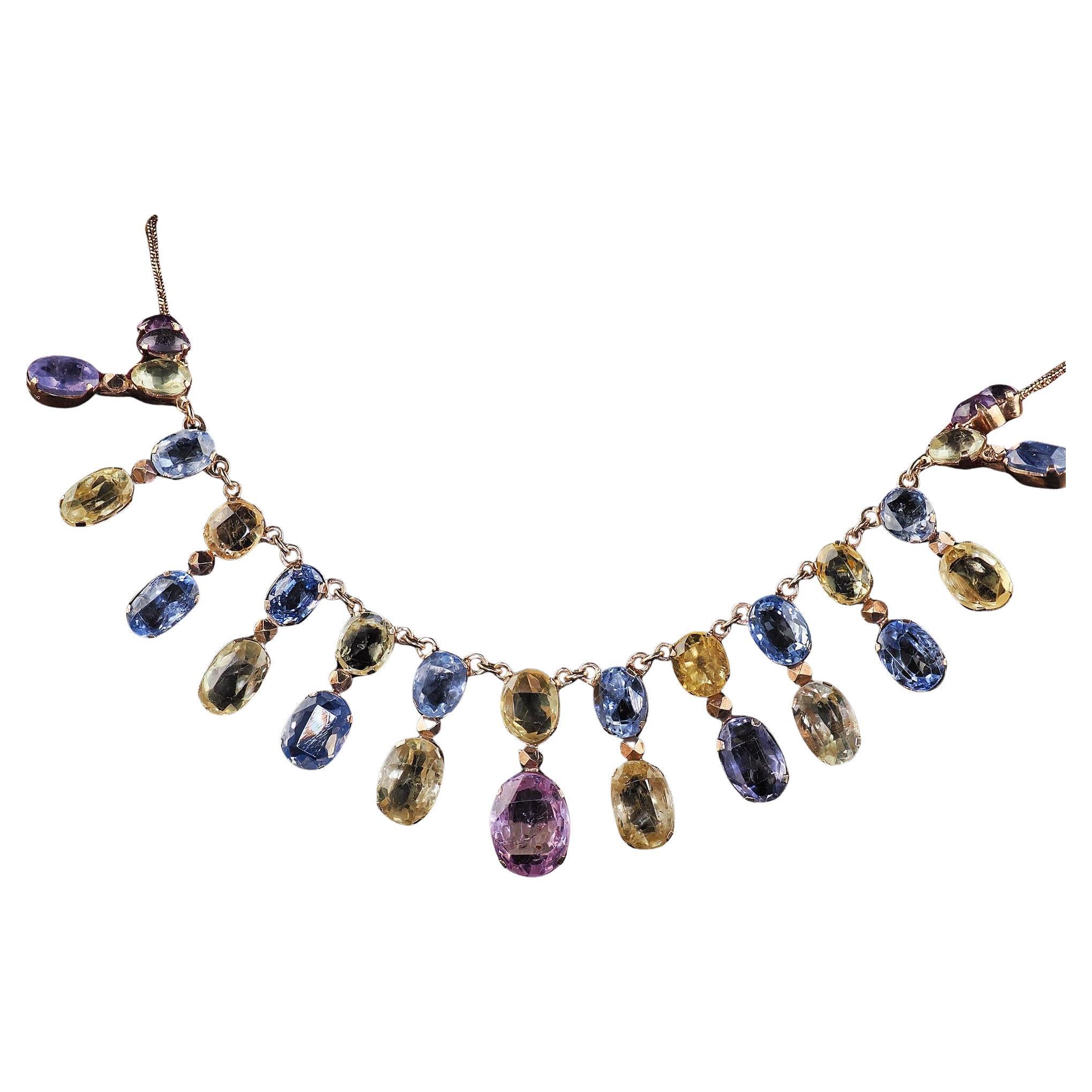 Antique Victorian 8K Yellow Gold Natural Sapphire Graduated Necklace - GIA For Sale