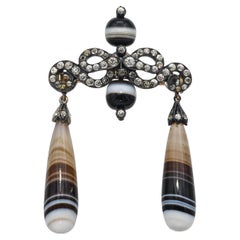 Antique Victorian 8k Yellow Gold & Sterling Quartz and Banded Agate Brooch