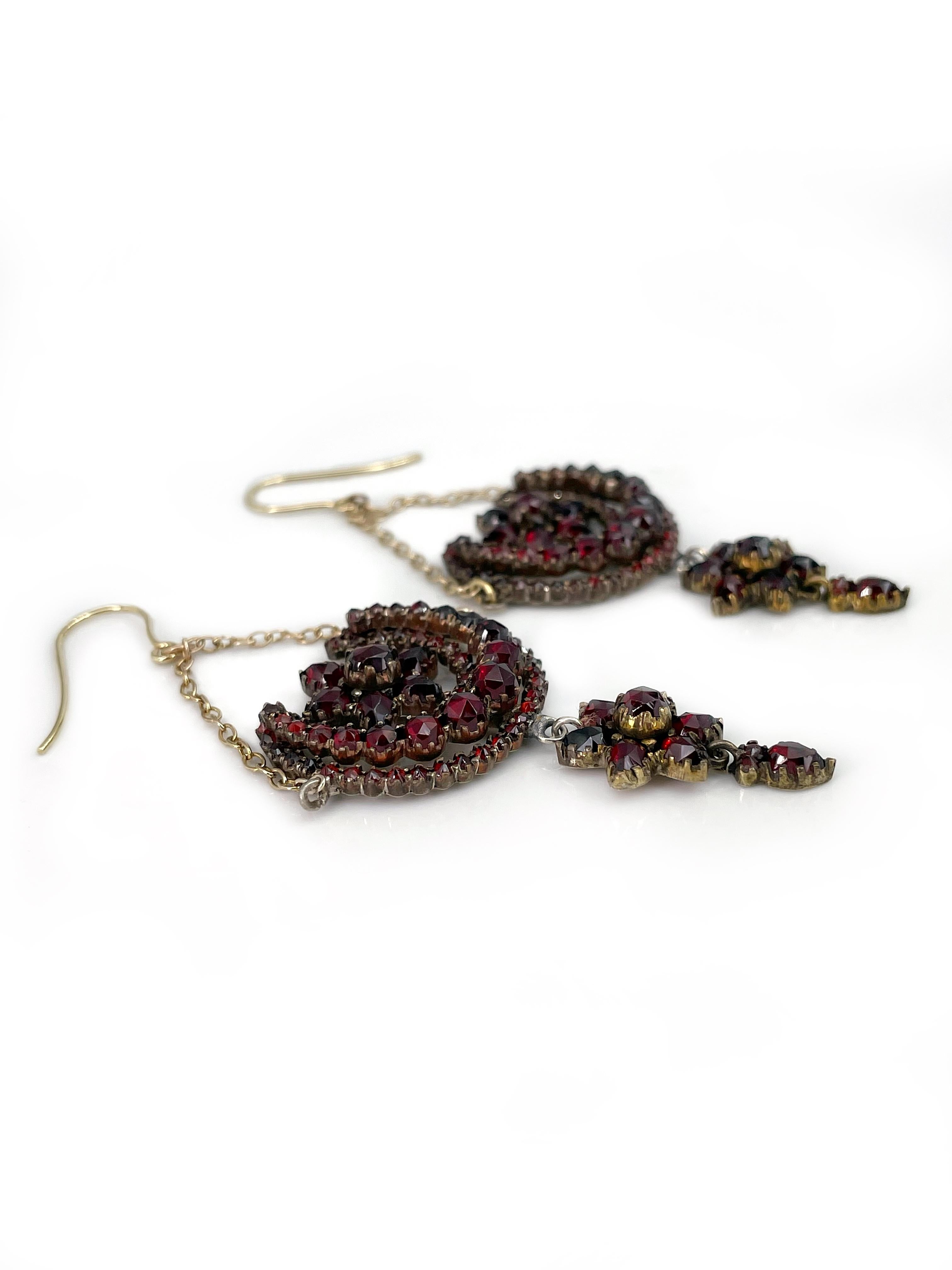 Mixed Cut Antique Victorian 9 Karat Gold Bohemian Garnet Dangle Earrings