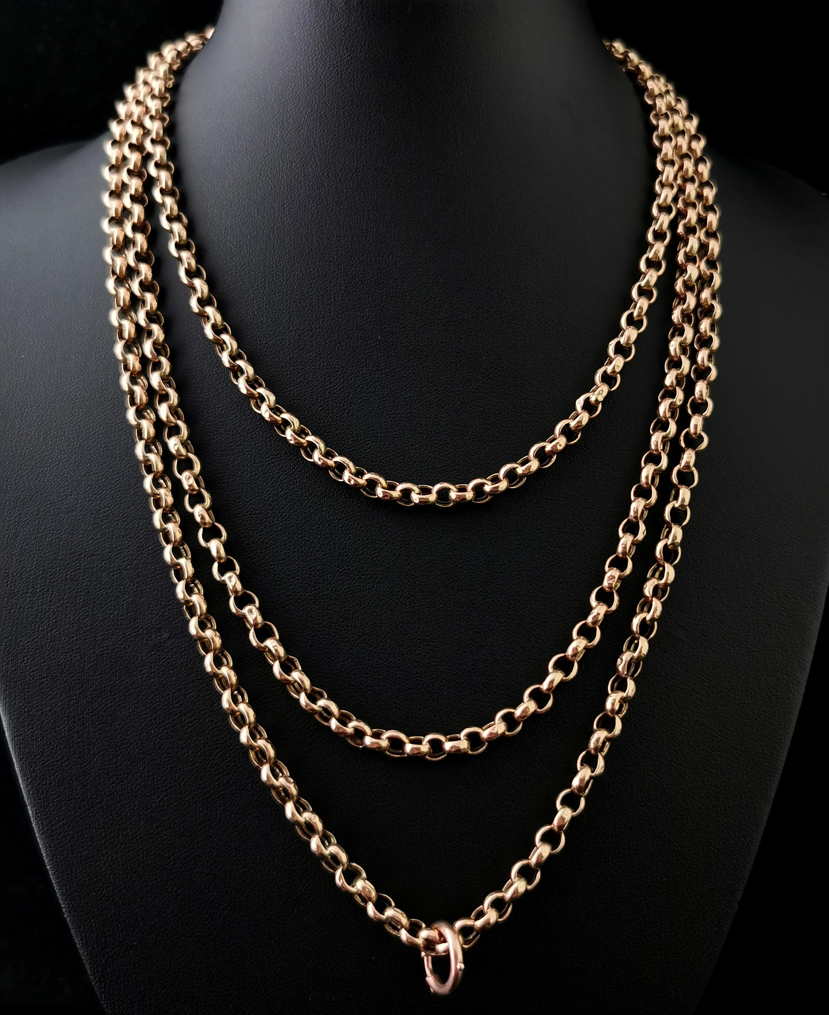 Women's Antique Victorian 9 Karat Yellow Gold Longuard Chain, Belcher Link Necklace