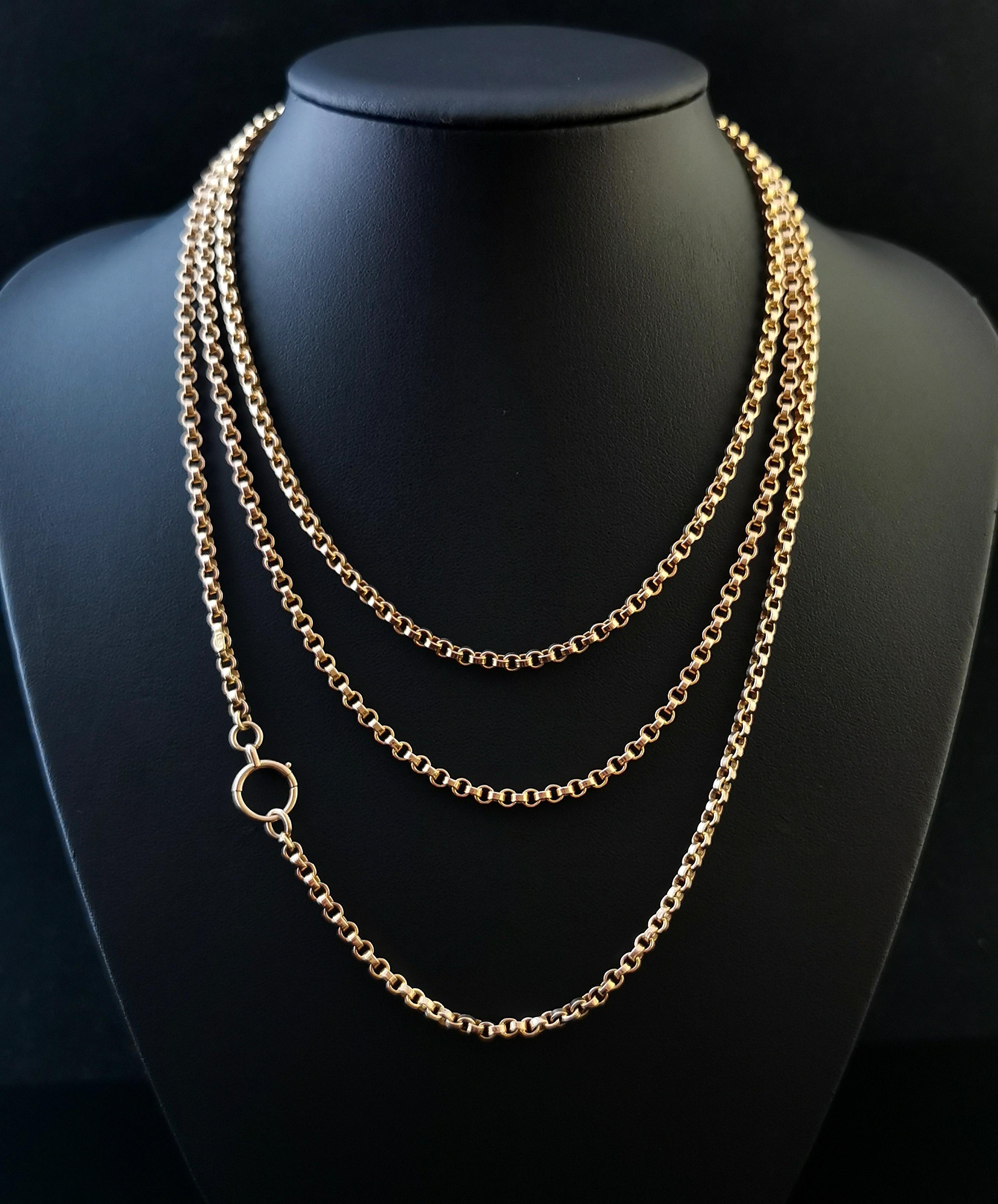 Antique Victorian 9 Karat Yellow Gold Longuard Chain, Muff Chain Necklace, Rolo 7