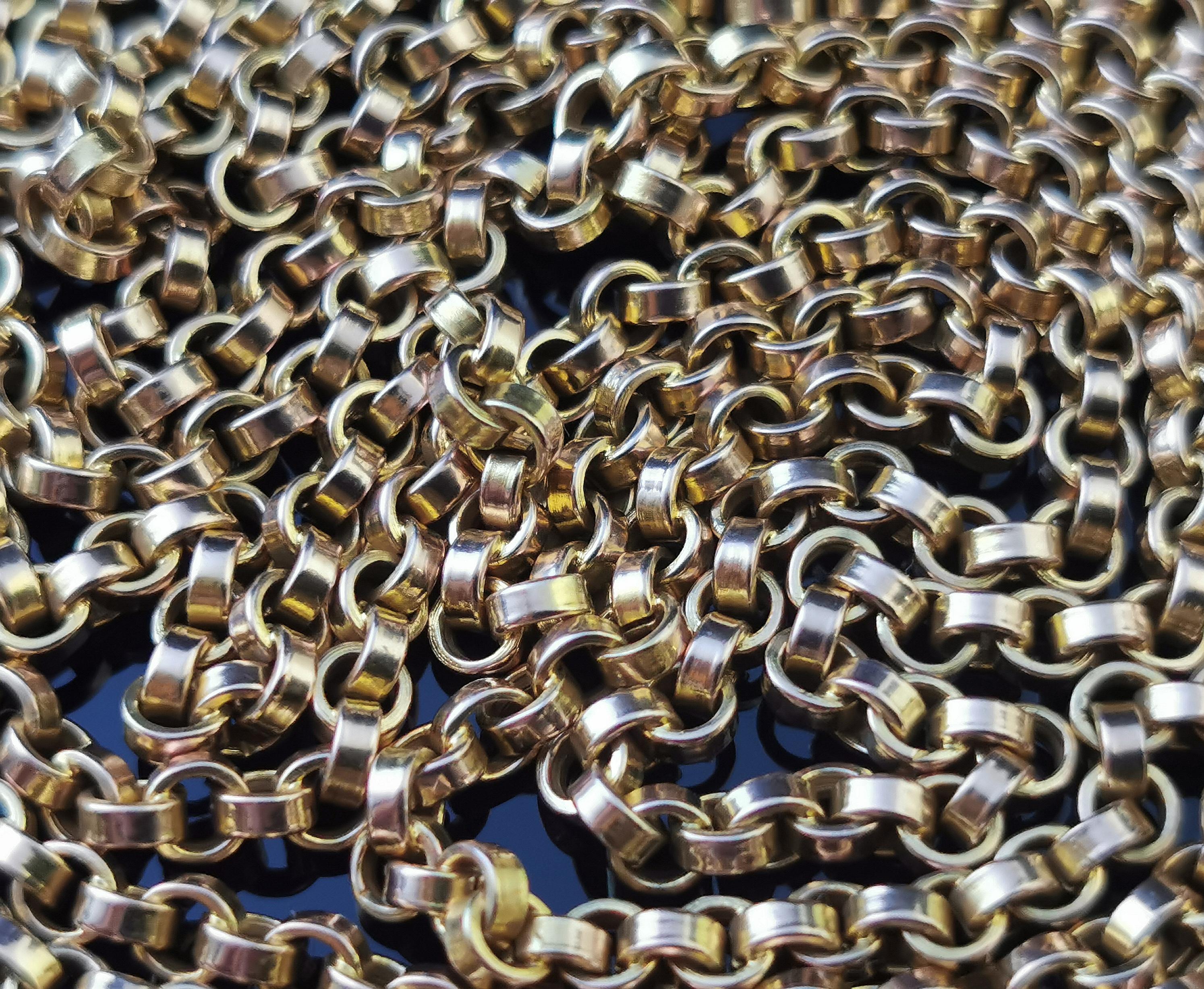 Antique Victorian 9 Karat Yellow Gold Longuard Chain, Muff Chain Necklace, Rolo 9